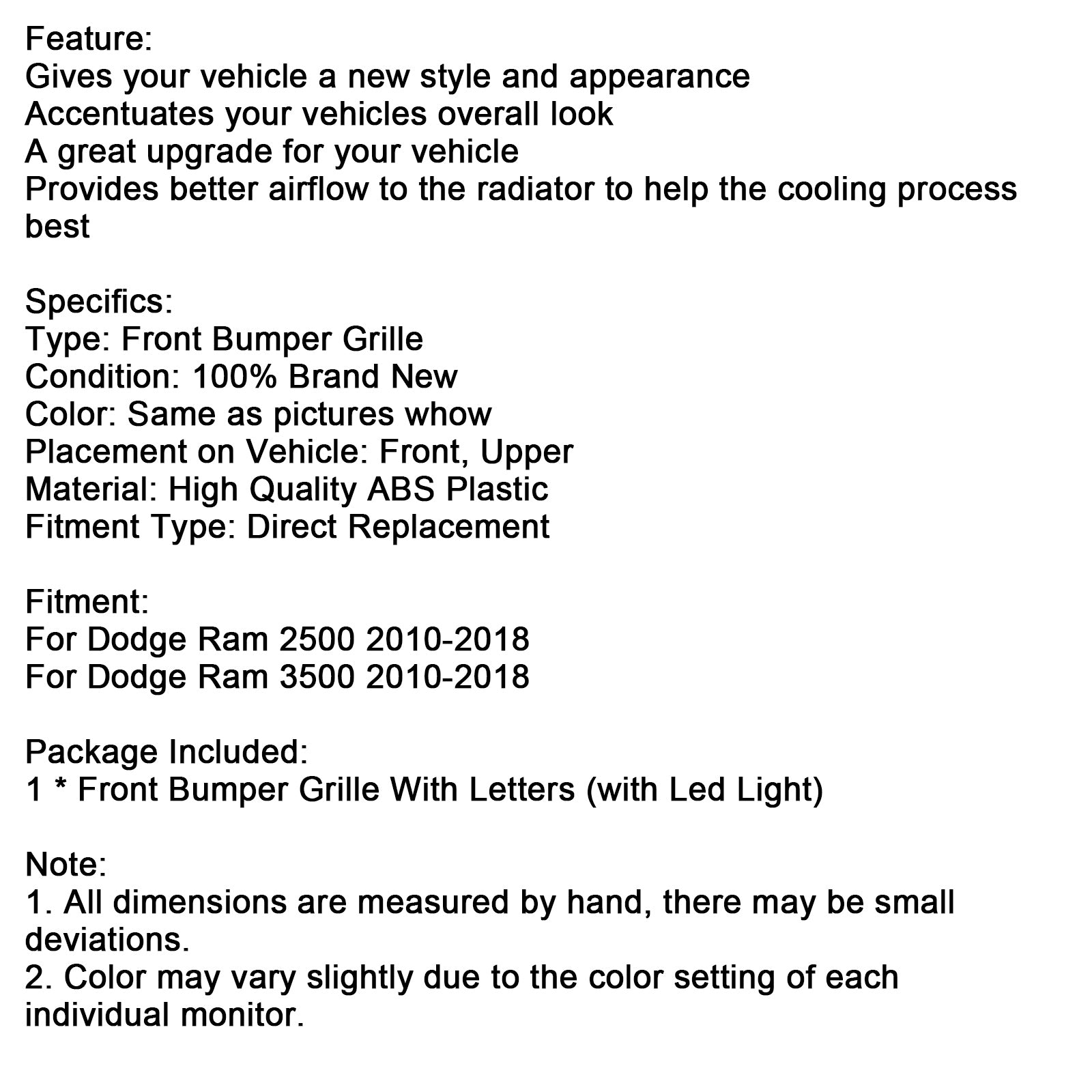 2010-2018 Dodge Ram 2500/3500 Laramie W/ Led Light Chrome Front Bumper Grille