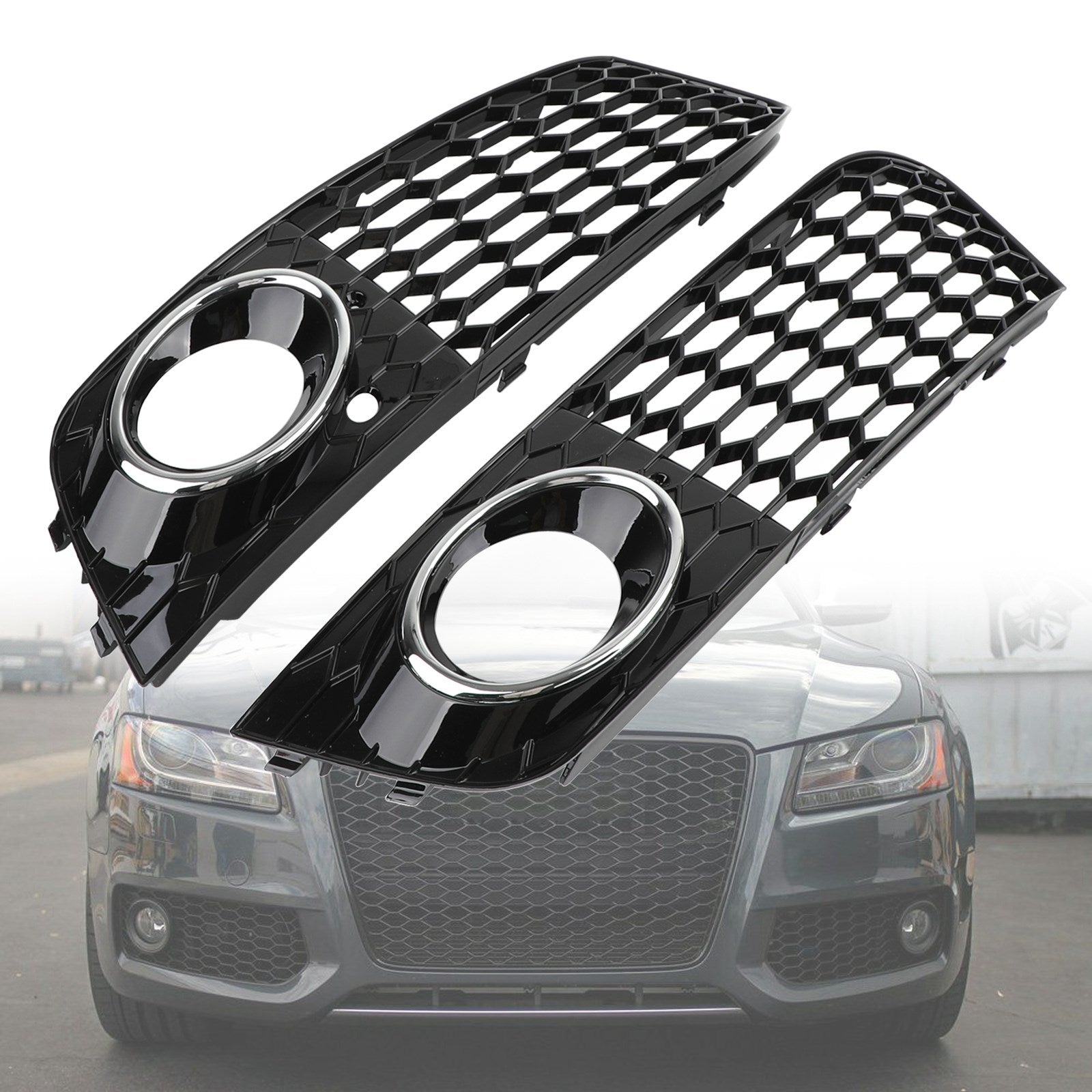 2009-2012 Audi A4 B8 RS4-stil Honeycomb Sport Mesh Sexkantsgaller & Glansigt svart bikakemönster i dimljus med öppen ventilationsgrill