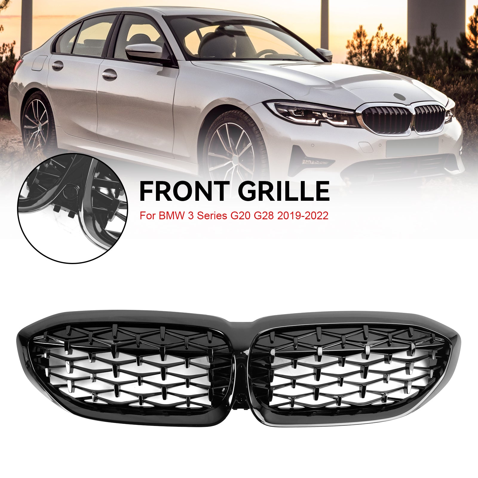 2019-2022 BMW 3 Series G20 Diamond Black Kidney Grille Grill 51138072085