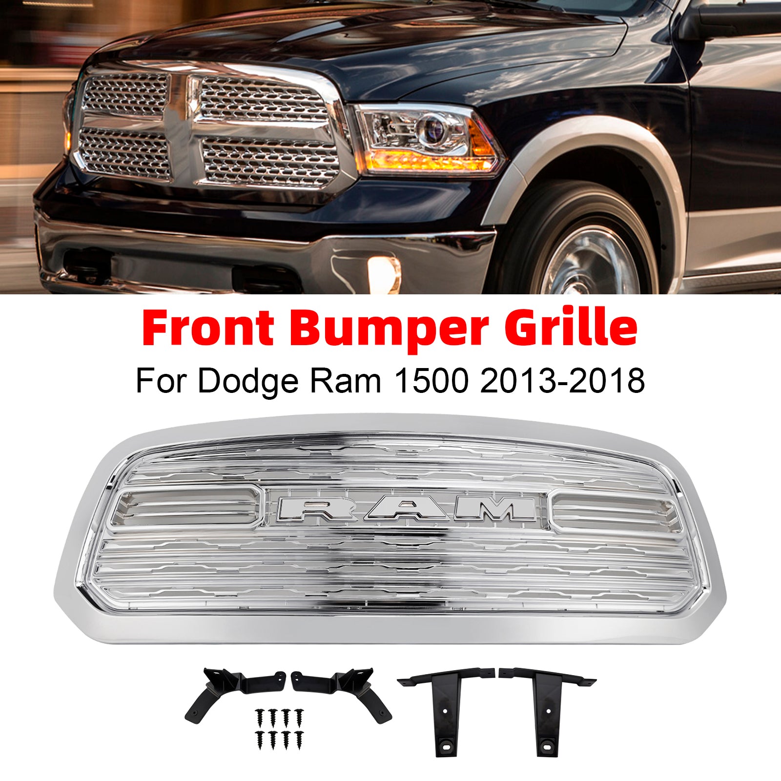 2013-2018 Dodge Ram 1500 LTD Style Front Bumper Grill Grille Chrome