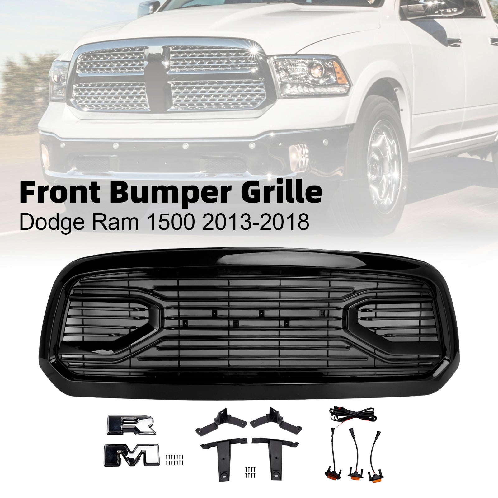 2013-2018 Dodge Ram 1500 Big Horn Style Front Bumper Grill Grille Black