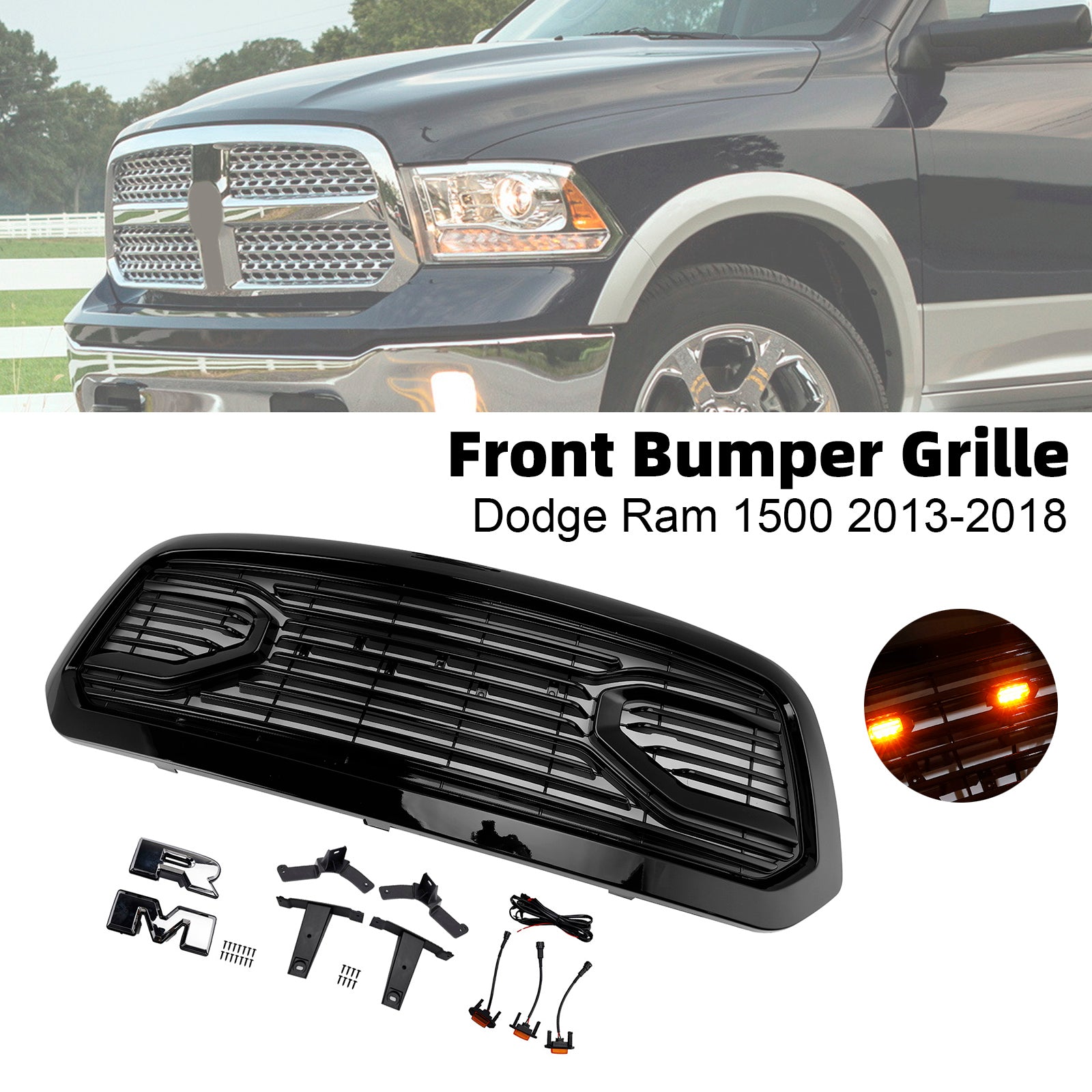 2013-2018 Dodge Ram 1500 Big Horn Style Front Bumper Grill Grille Black