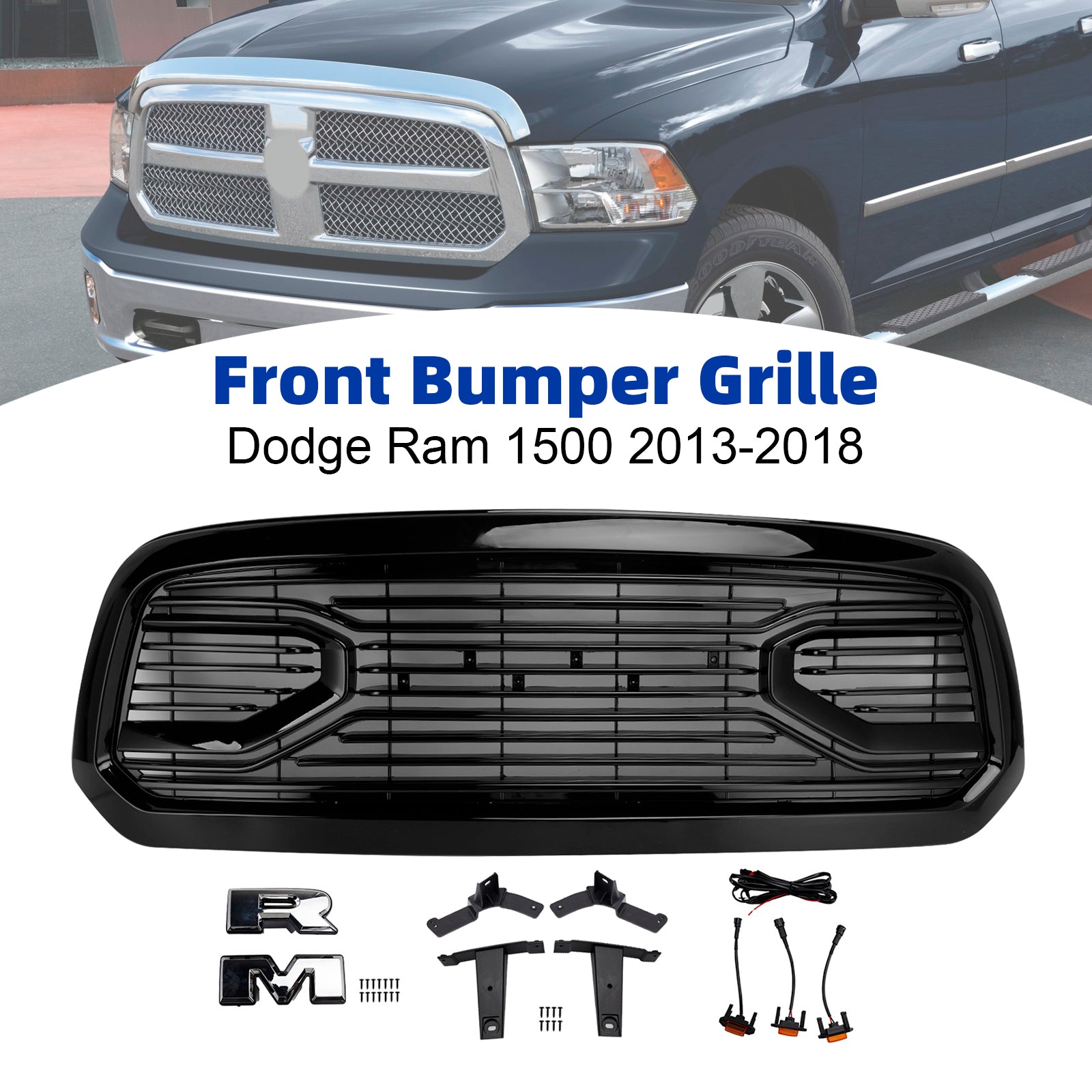 2013-2018 Dodge Ram 1500 Big Horn Style Front Bumper Grill Grille Black