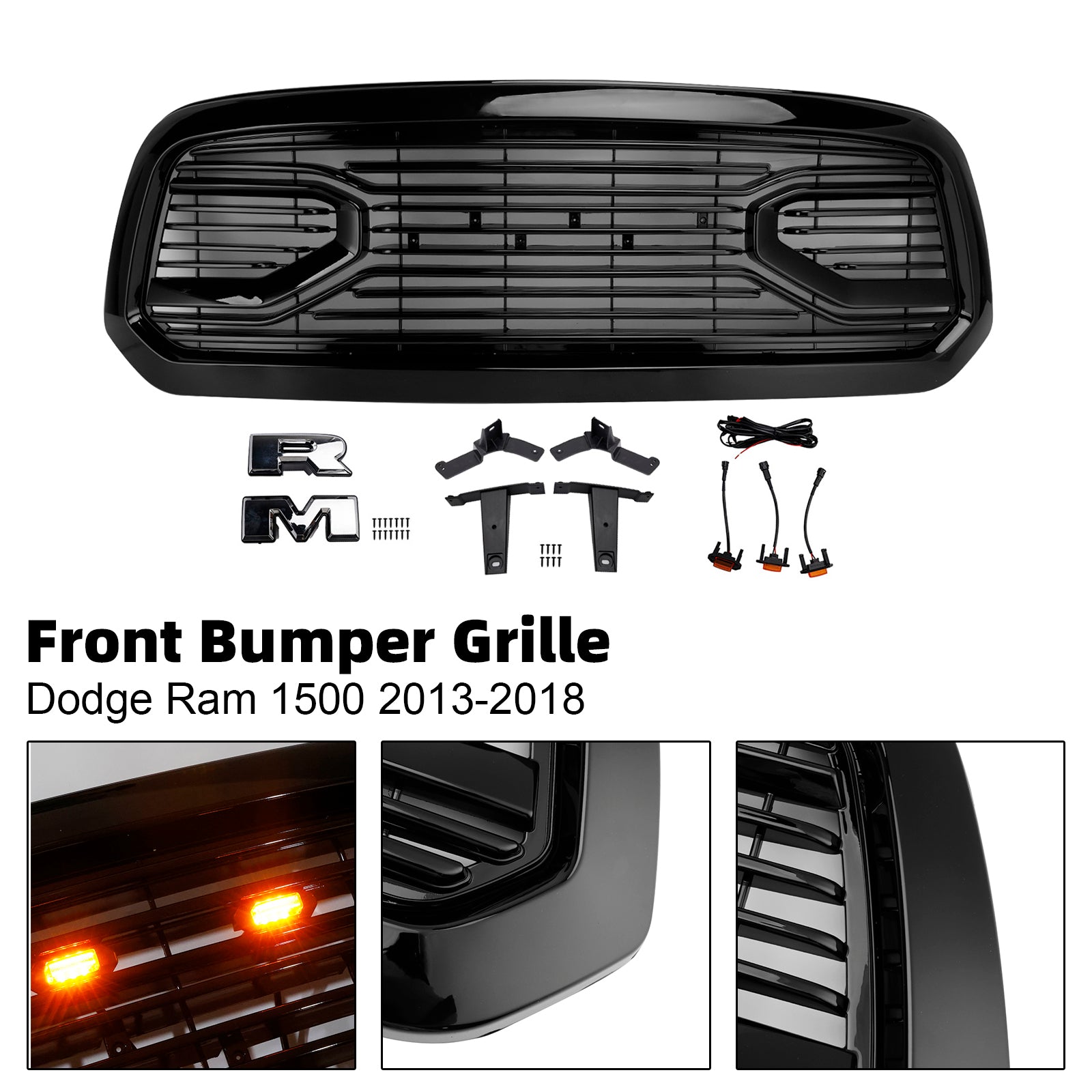 2013-2018 Dodge Ram 1500 Big Horn Style Front Bumper Grill Grille Black