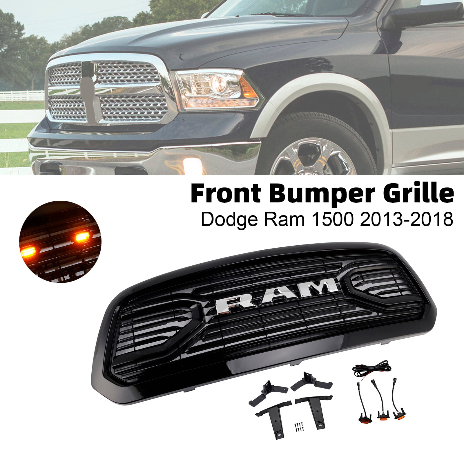 2013-2018 Dodge Ram 1500 Big Horn Style Front Bumper Grill Grille Black