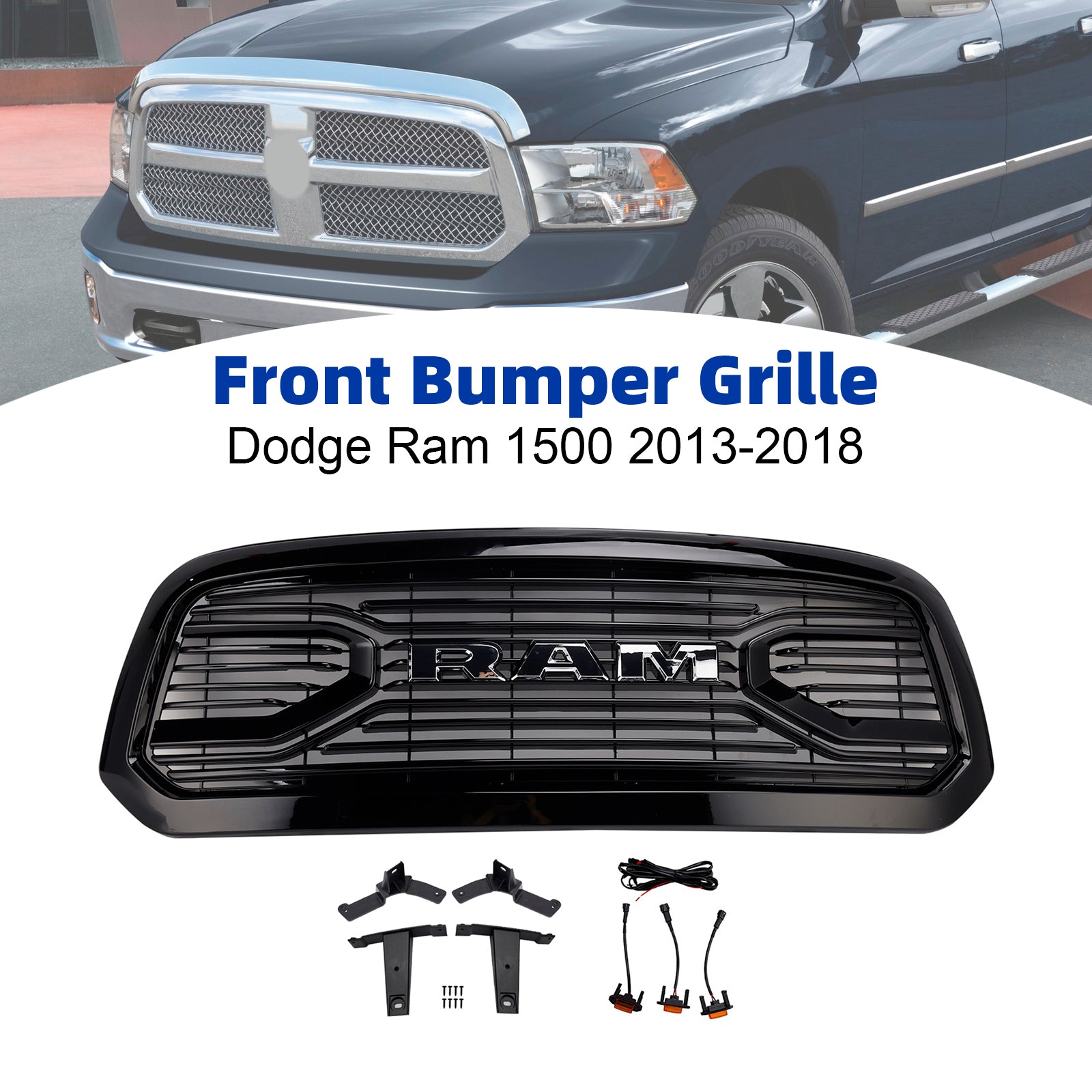 2013-2018 Dodge Ram 1500 Big Horn Style Front Bumper Grill Grille Black