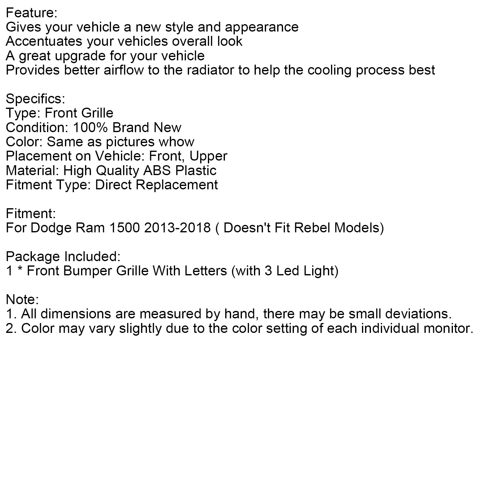 2013-2018 Dodge Ram 1500 Big Horn Style Front Bumper Grill Grille Black