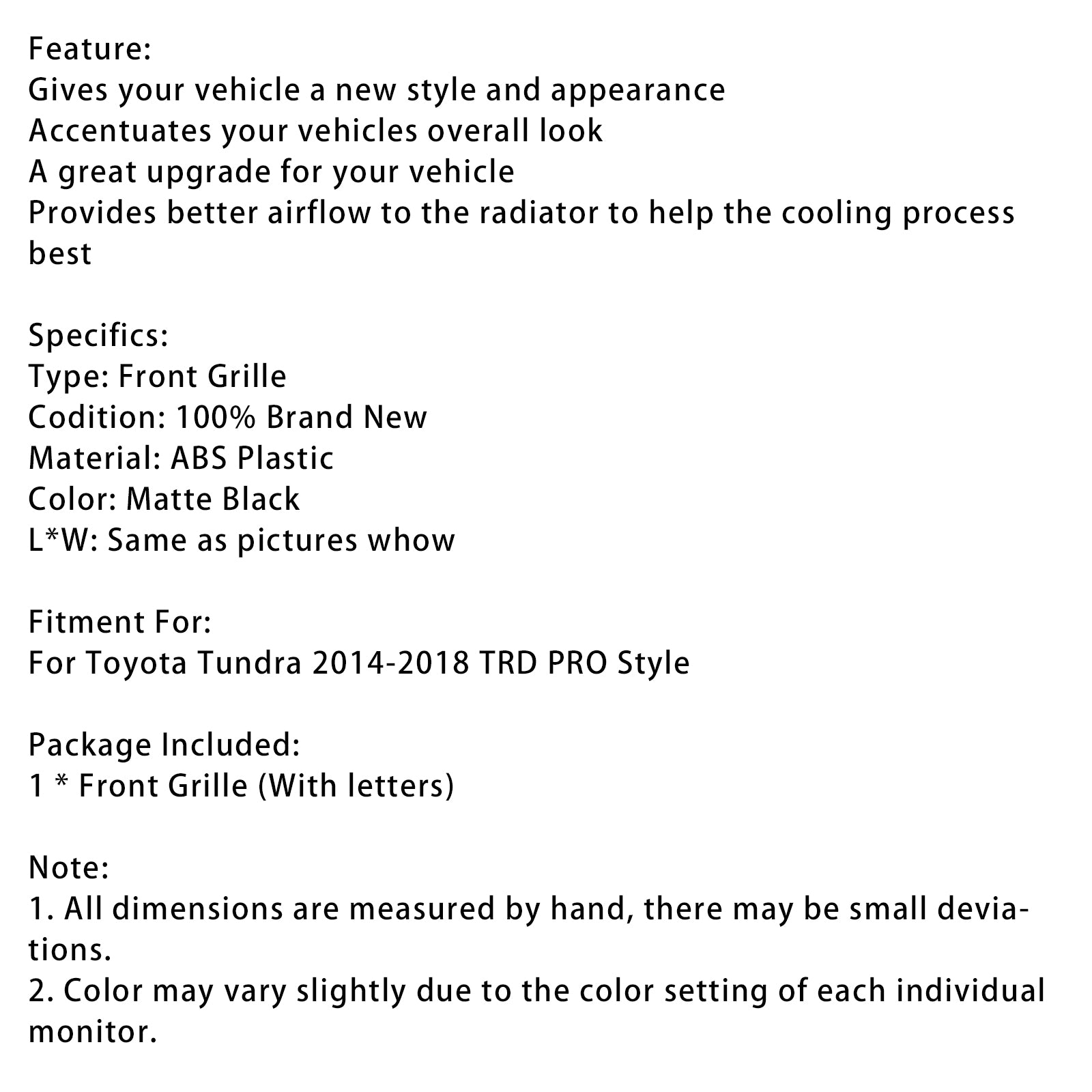 2014-2018 Toyota Tundra TRD PRO Matte Black Honeycomb Front Grill Grille