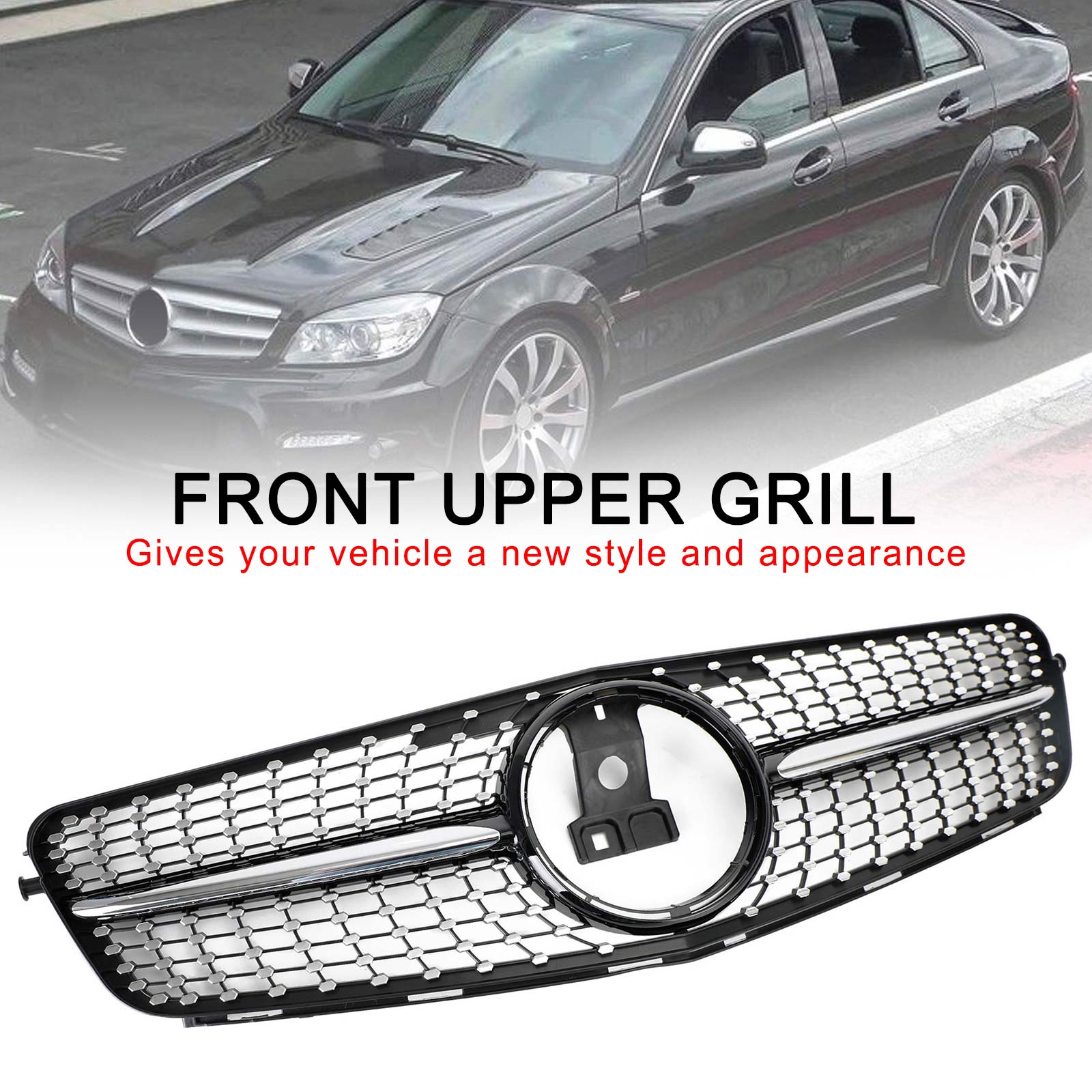 2008-2014 Benz C-Class W204 C180/C200/C230/C250/C280/C300/C350 Diamond Black Chrome Front Grille Grill Generic