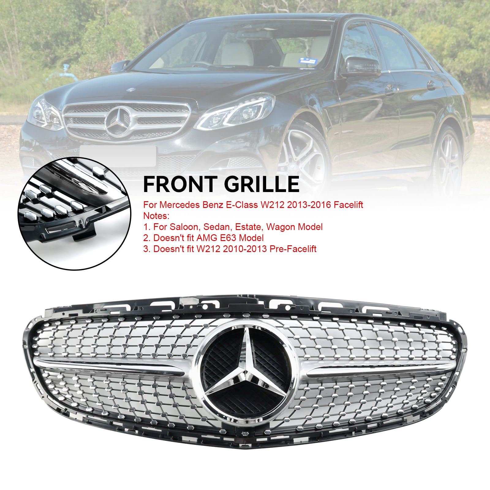 Grille de pare-chocs avant en diamant pour Mercedes Classe EW212 2013-2016 Refonte