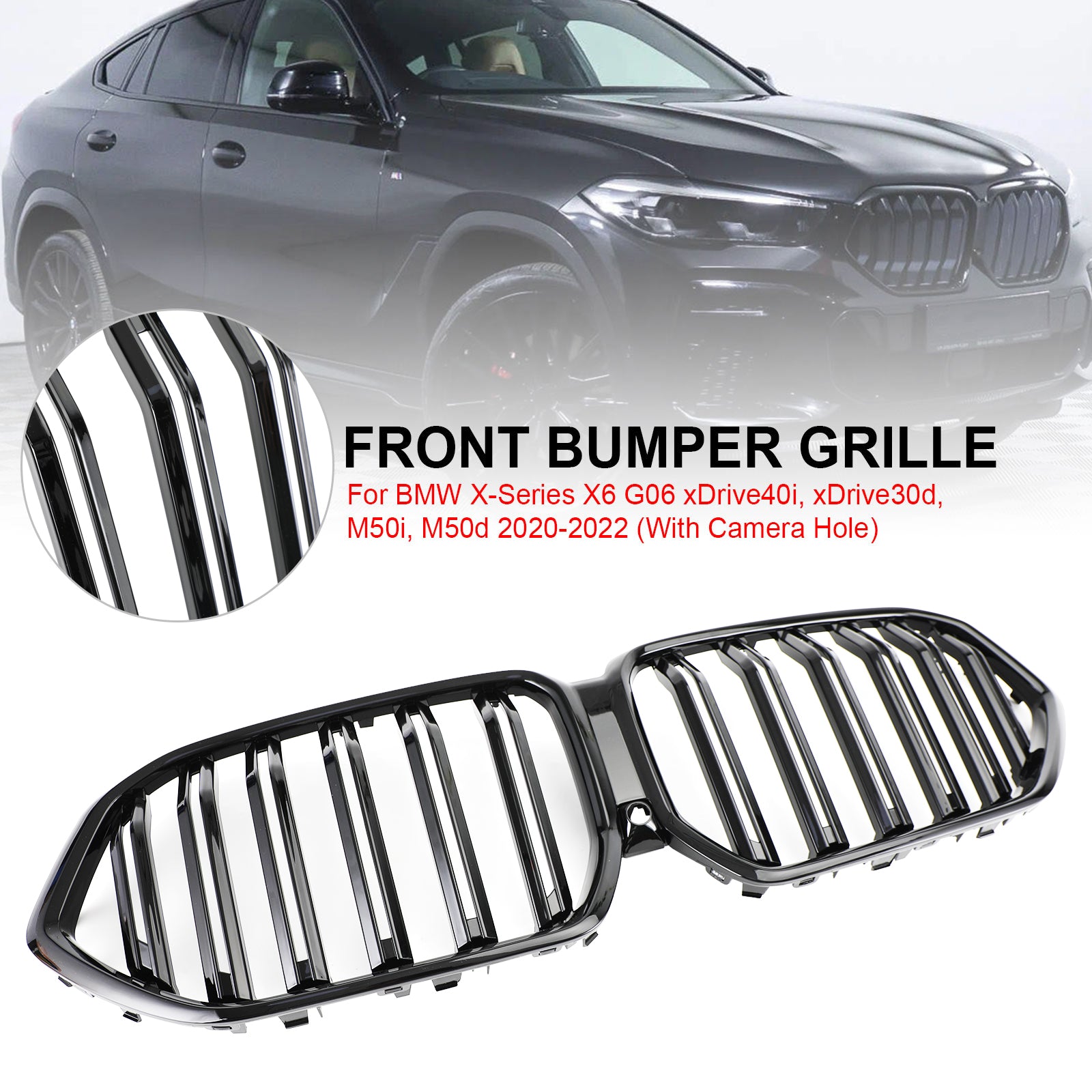 2020-2022 BMW X6 G06 M50i avec trou de caméra Grille de pare-chocs avant noire