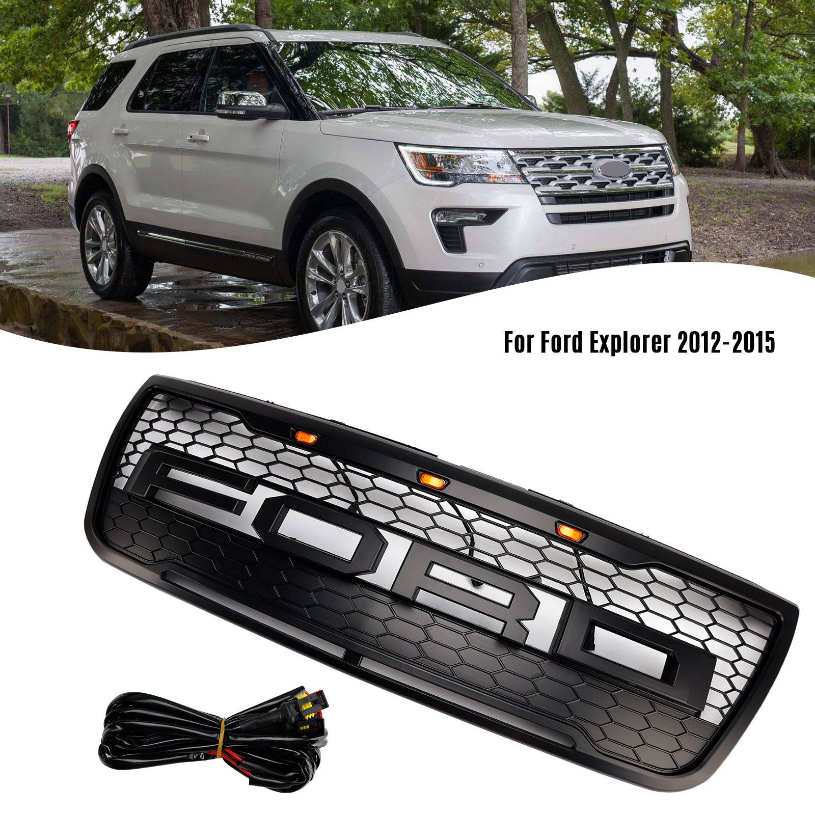2012-2015 Ford Explorer With Lights Grey Front Upper Bumper Grill Grille