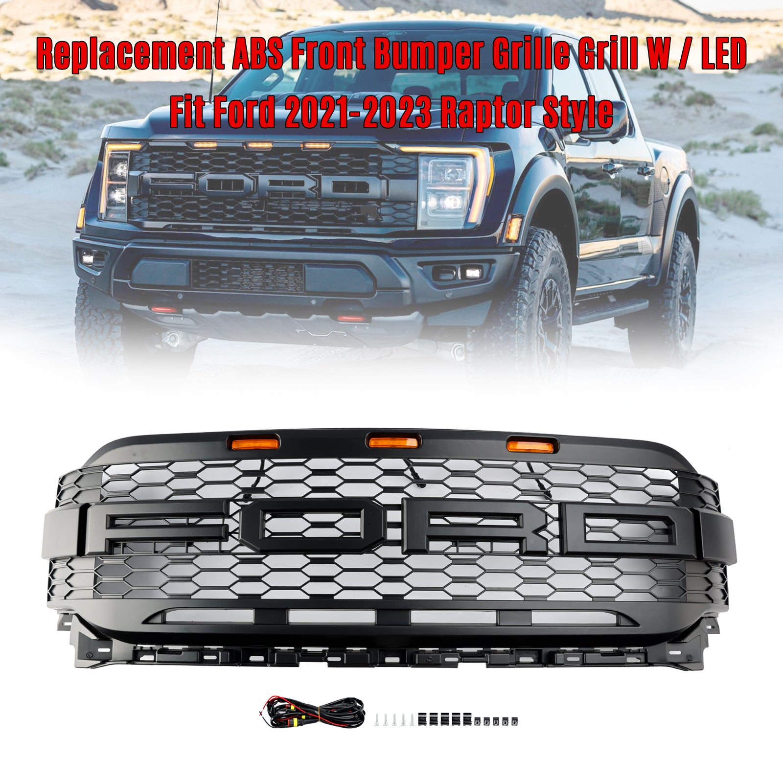 2021 2022 2023 Ford F150 Raptor med LED-ersättnings-ABS främre stötfångargrill