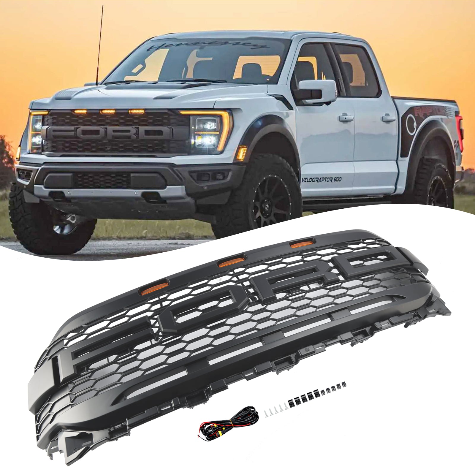 2021 2022 2023 Ford F150 Raptor med LED-ersättnings-ABS främre stötfångargrill