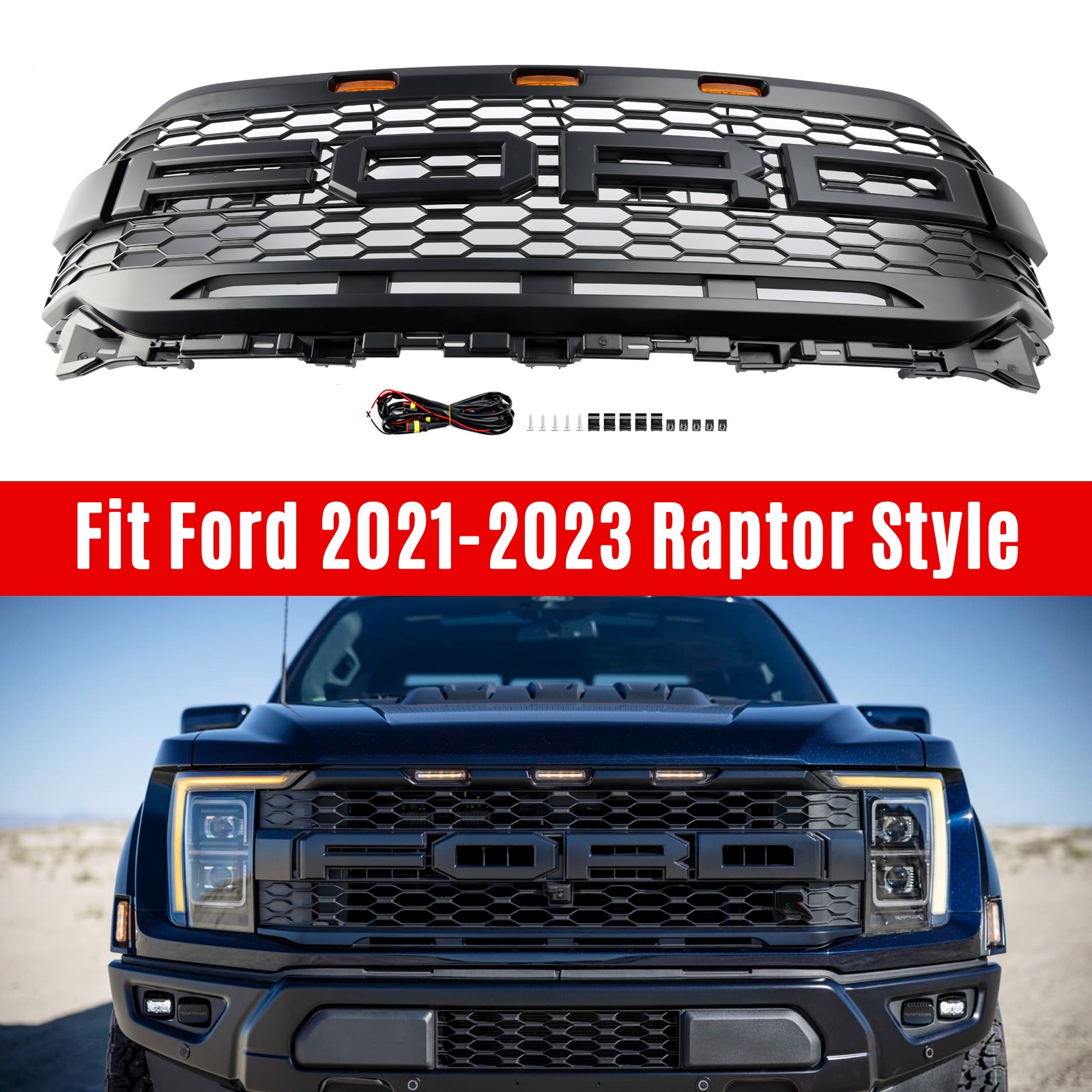 2021 2022 2023 Ford F150 Raptor med LED-ersättnings-ABS främre stötfångargrill