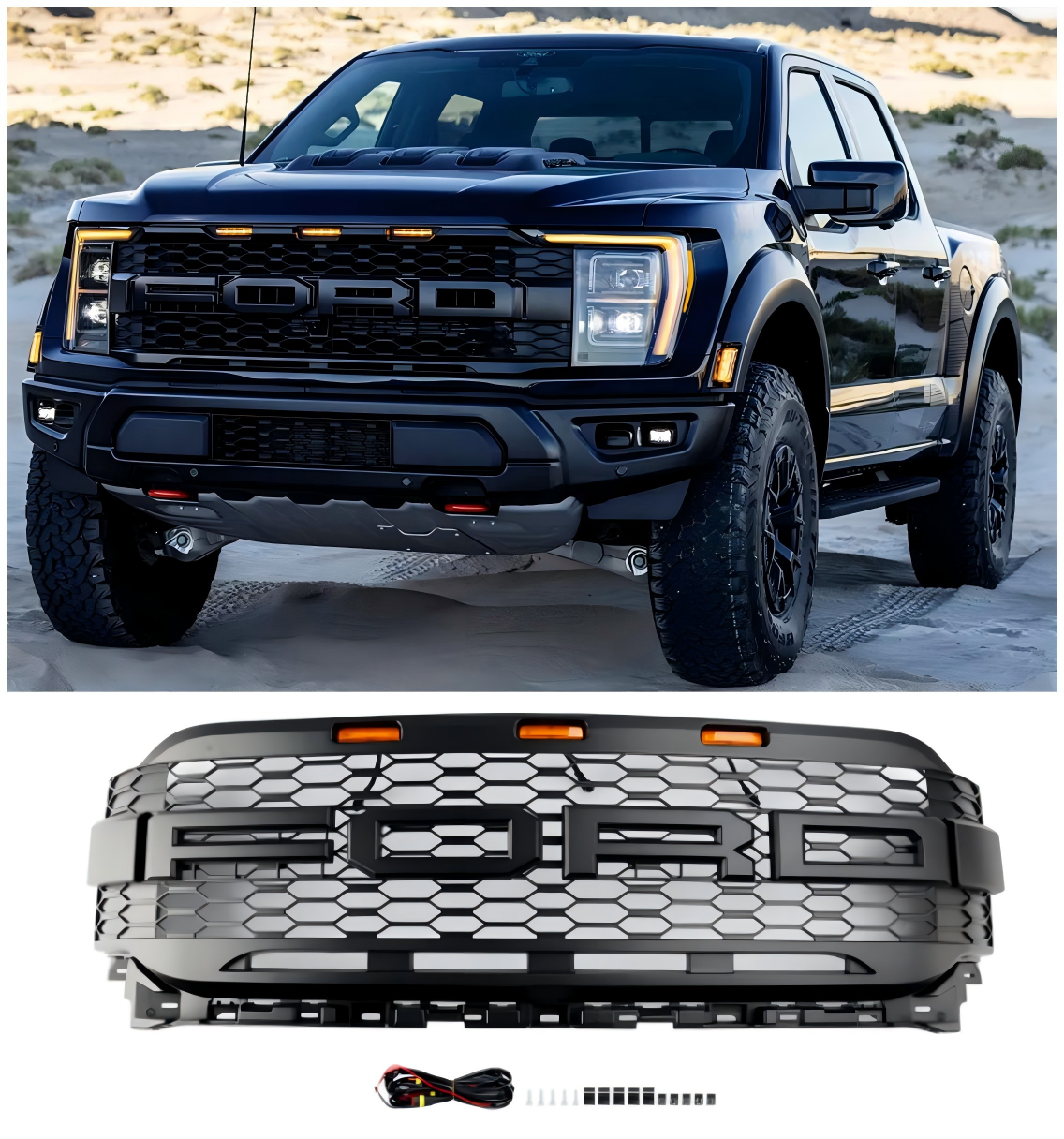 2021 2022 2023 Ford F150 Raptor m/ LED -erstatning ABS Front Bumper Grill Grille