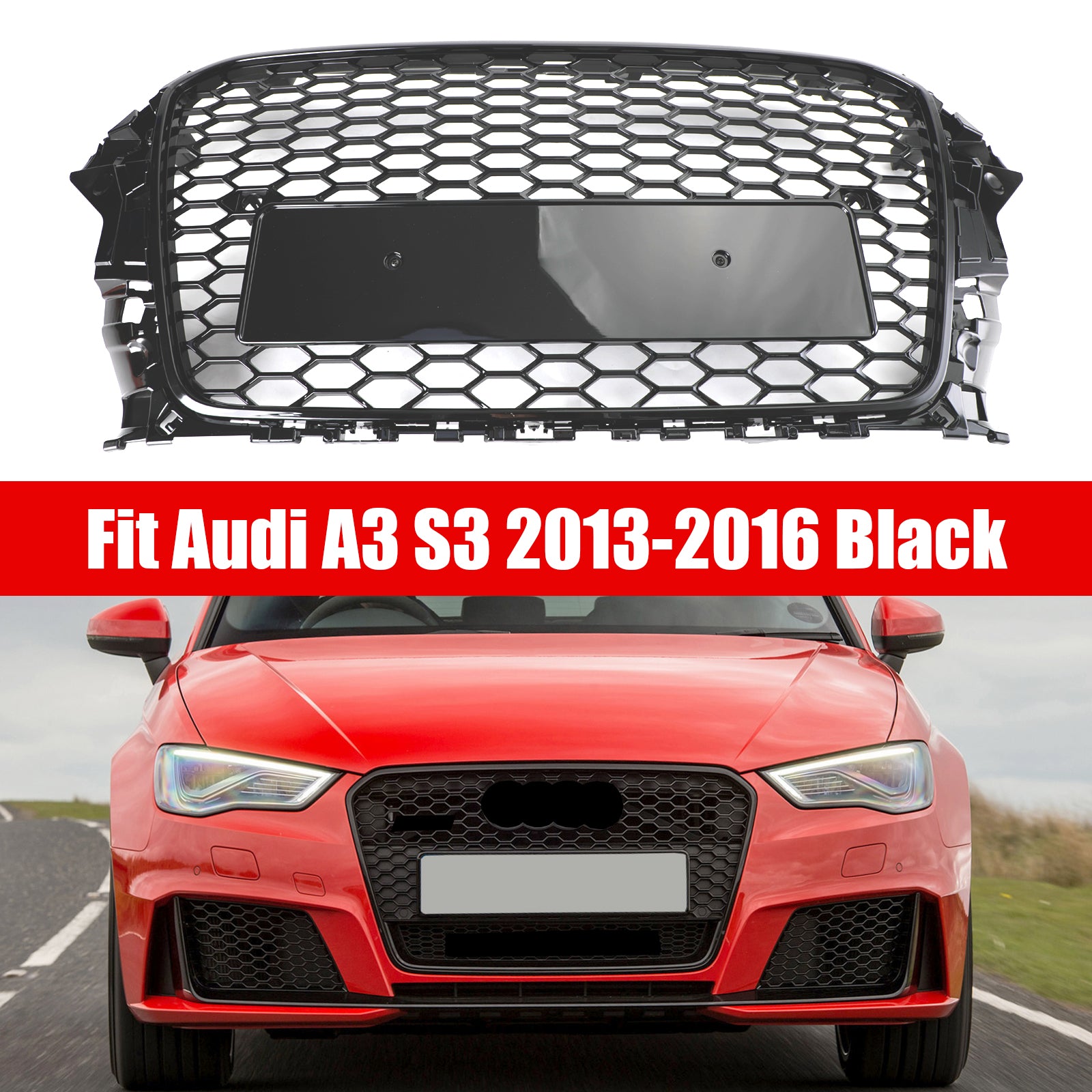 2013 2014 2015 2016 Audi A3 S3 RS3 Style Honeycomb Front Bumper Grille Gloss Black