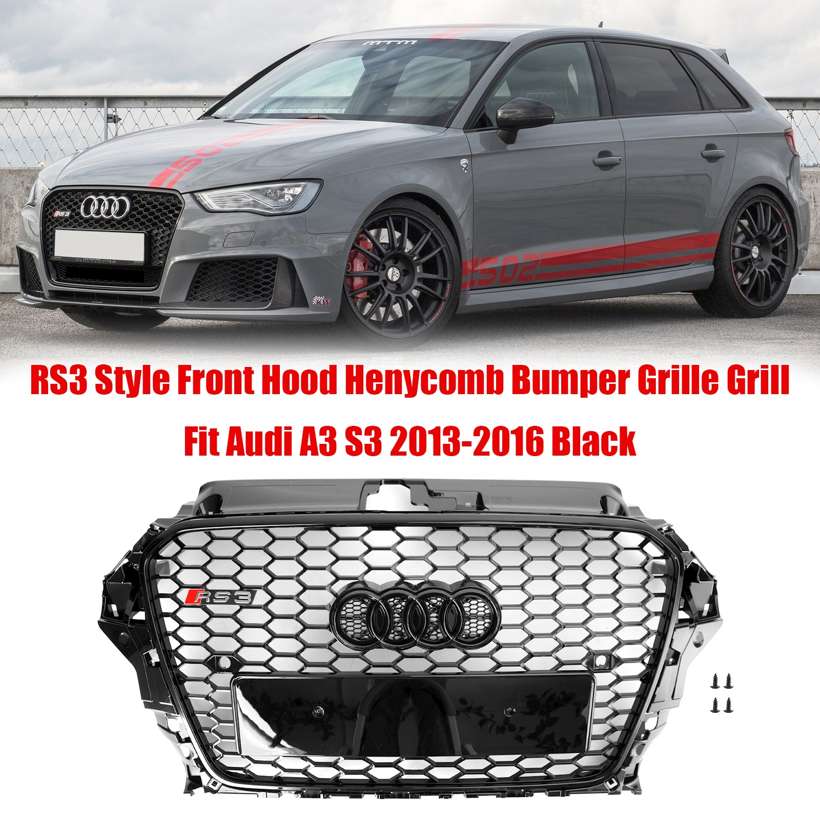 RS3 Style Honeycomb Front Bumper Grille for Audi A3 S3 2013-2016 Gloss Black