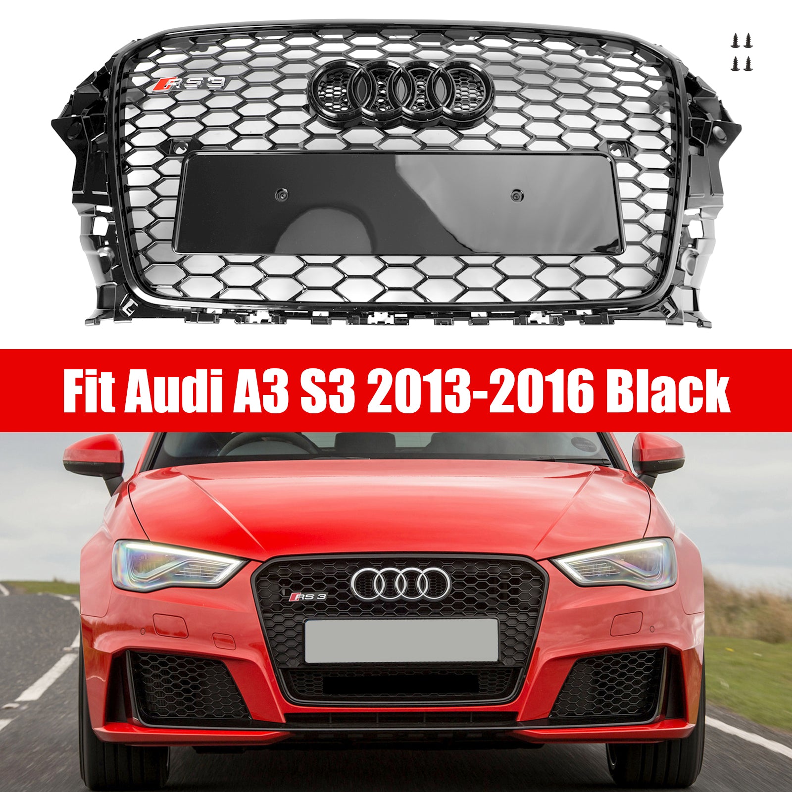 RS3 Style Honeycomb Front Bumper Grille for Audi A3 S3 2013-2016 Gloss Black