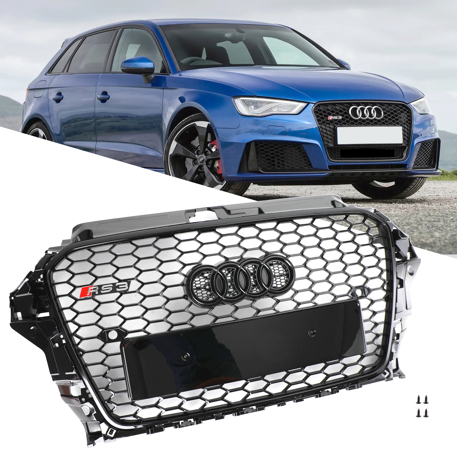 RS3 Style Honeycomb Front Bumper Grille for Audi A3 S3 2013-2016 Gloss Black