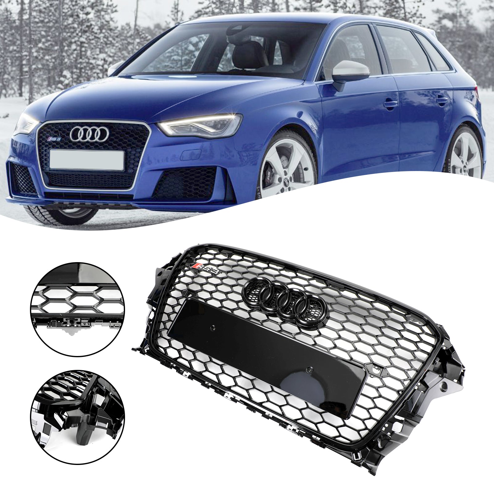 RS3 Style Honeycomb Front Bumper Grille for Audi A3 S3 2013-2016 Gloss Black