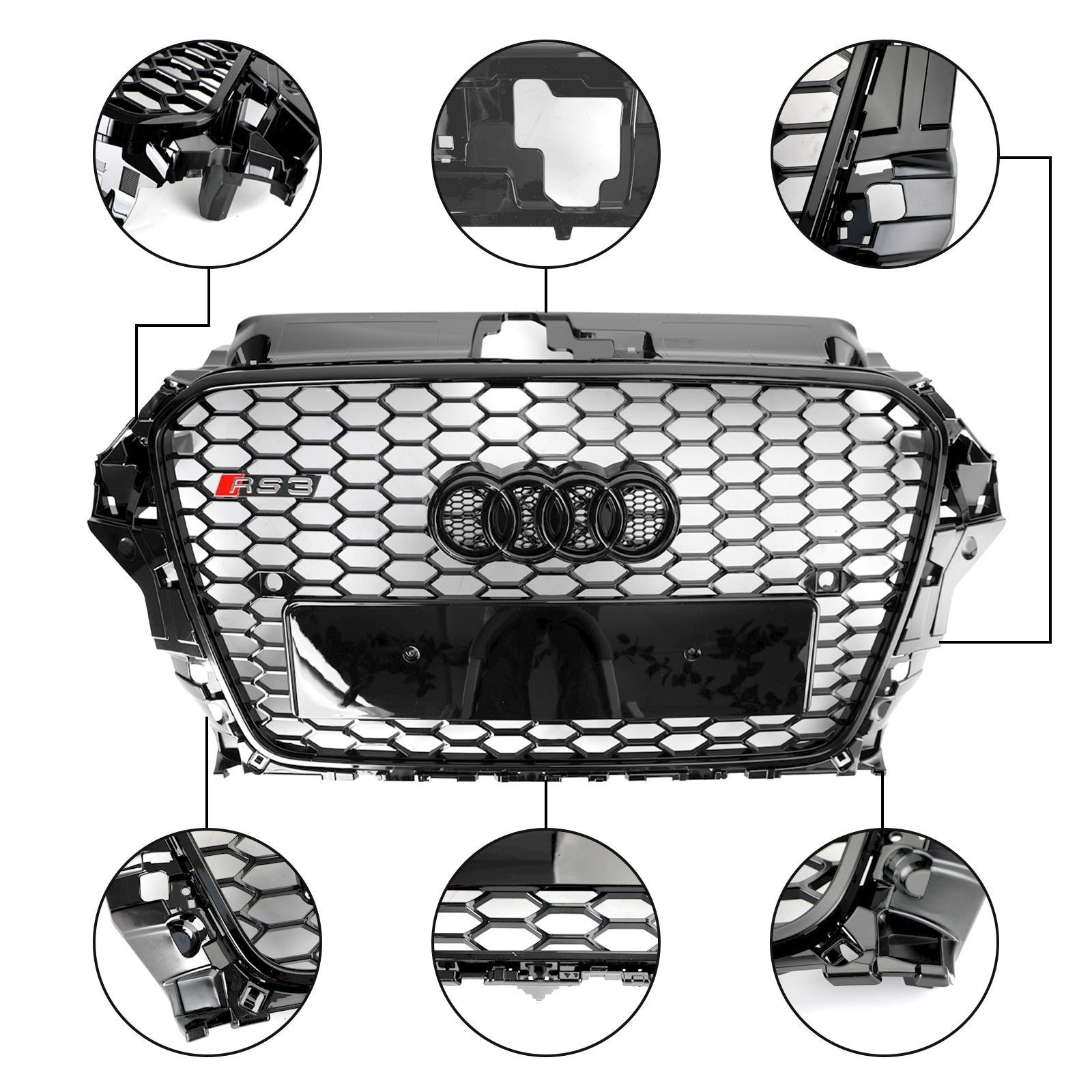 RS3 Style Honeycomb Front Bumper Grille for Audi A3 S3 2013-2016 Gloss Black