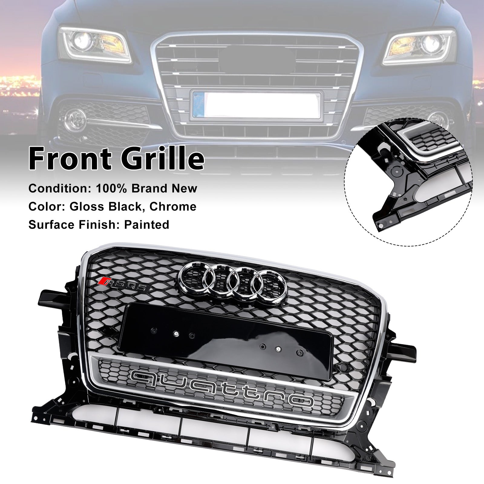 Parrilla de parachoques delantera tipo panal para Audi Q5 2013-2017, cromada/negra