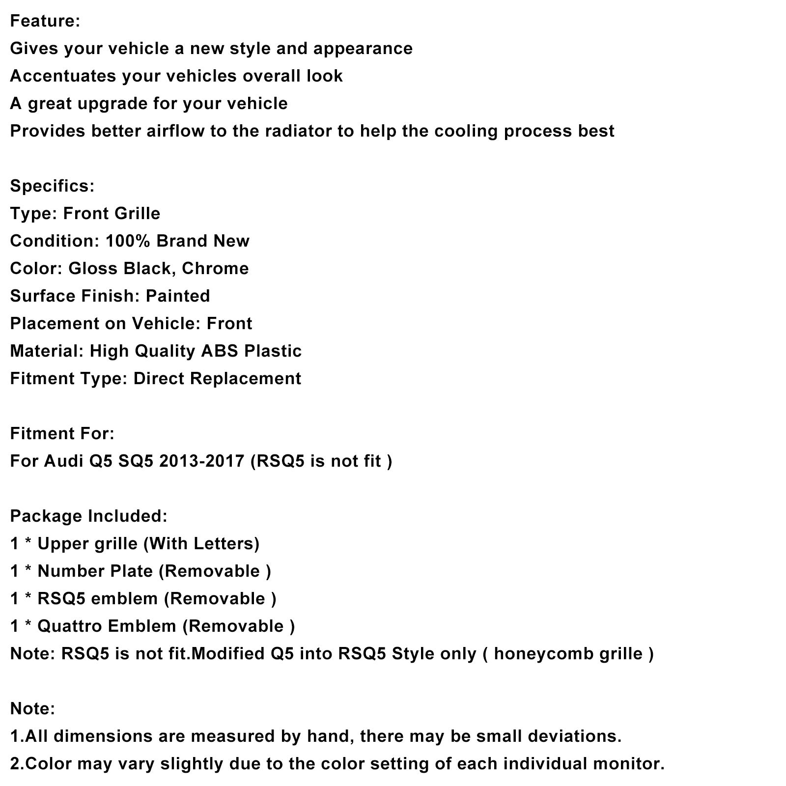 Parrilla de parachoques delantera tipo panal para Audi Q5 2013-2017, cromada/negra