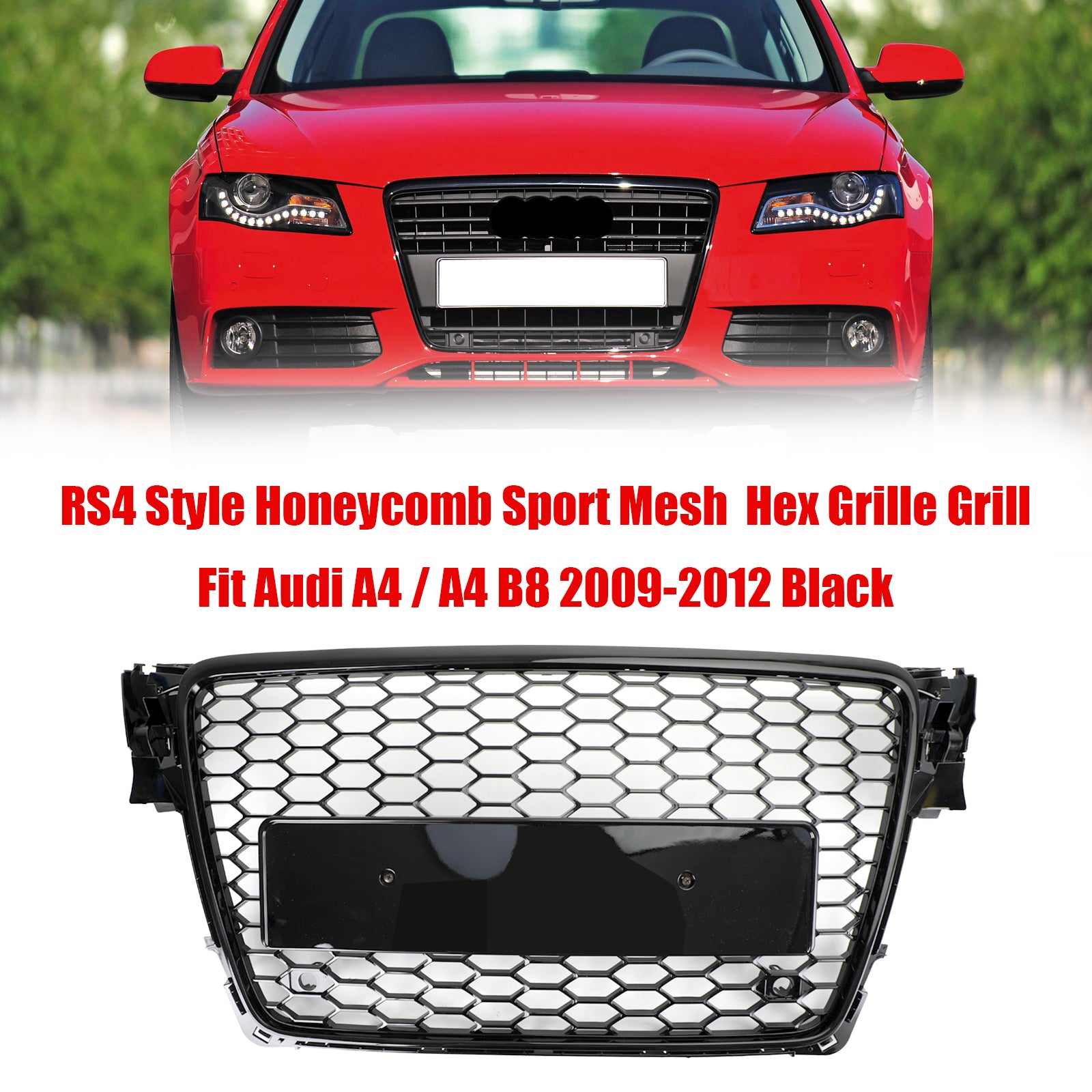 2009-2012 Audi A4 B8 RS4 Style Honeycomb Sport Mesh Hex Grille & Gloss Black Honeycomb Mesh Fog Light Open Vent Grill