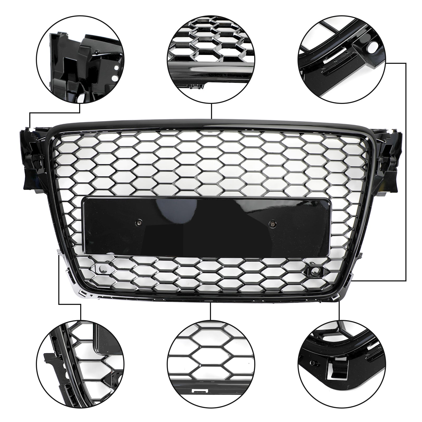 Grade hexagonal esportiva estilo colmeia Audi A4 B8 RS4 2009-2012 & Grade de ventilação aberta para farol de neblina em malha tipo favo de mel preto brilhante