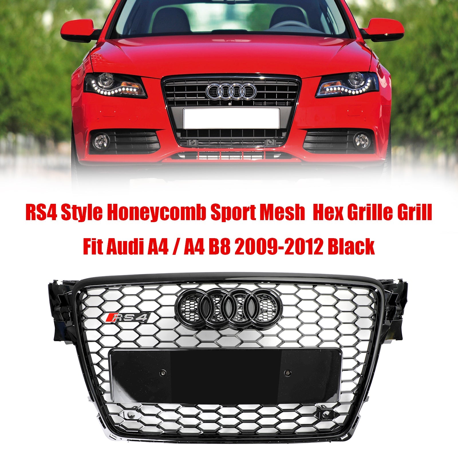 2009-2012 Audi A4 B8 RS4-stil Honeycomb Sport Mesh Sexkantsgaller & Glansigt svart bikakemönster i dimljus med öppen ventilationsgrill
