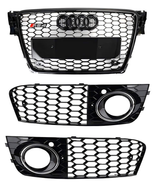 2009-2012 Audi A4 B8 RS4-stil Honeycomb Sport Mesh Sexkantsgaller & Glansigt svart bikakemönster i dimljus med öppen ventilationsgrill
