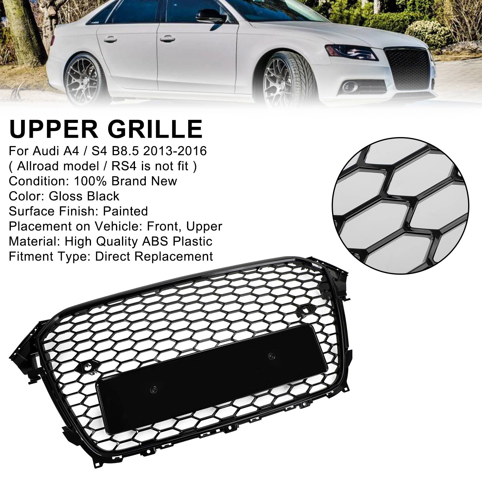 2013-2016 Audi A4 S4 B8.5 RS4 Style Mesh Front Bumper Grille Grill Gloss Black