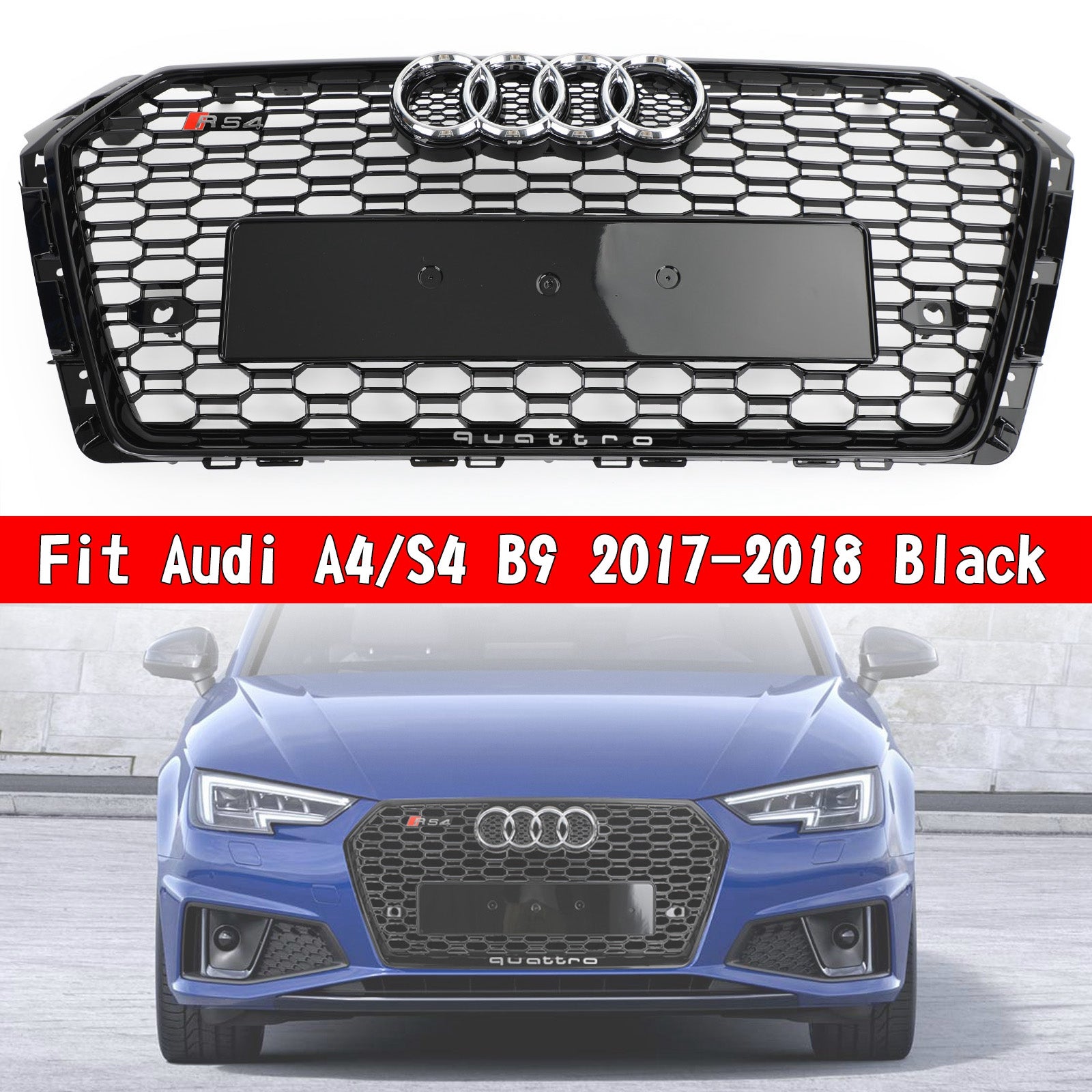 RS4 Style 2017 2018 Audi A4/S4 B9 Honeycomb Mesh Hex Grille Grill Black