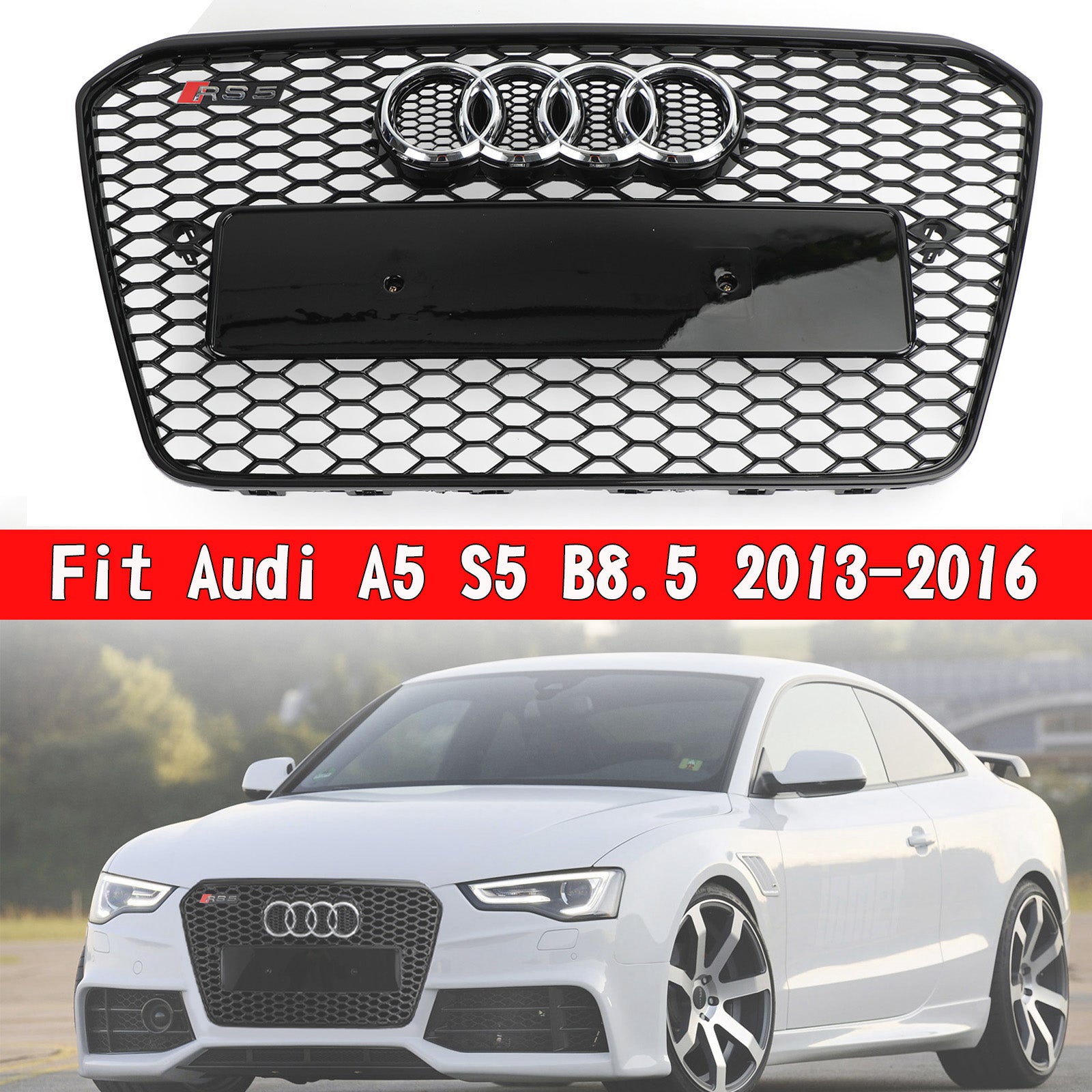 RS5 Style Honeycomb Hex Mesh Front Bumper Grille Fit Audi A5 S5 B8.5 2013-2016