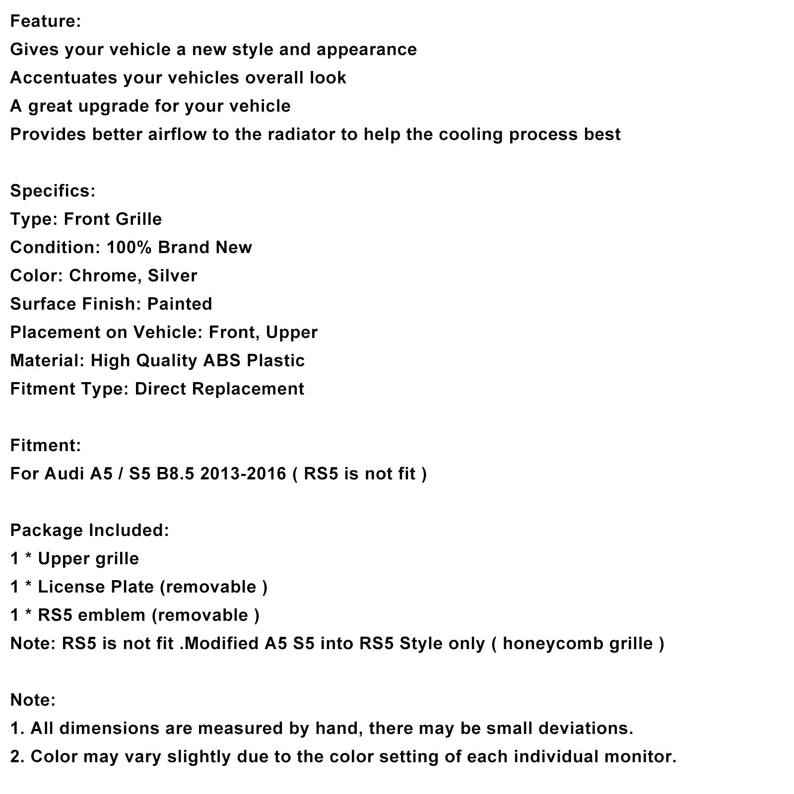 2013-2016 Audi A5 S5 B8.5 Grille de calandre de pare-chocs avant de style RS5