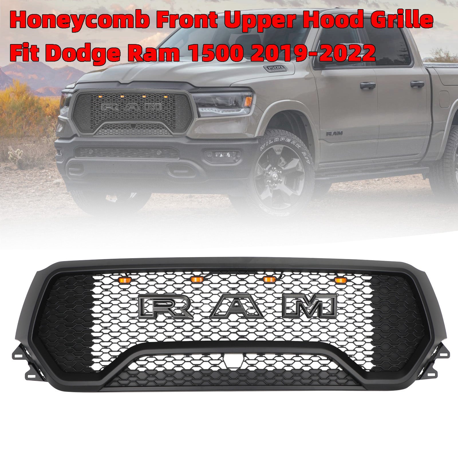 Grille de capot supérieure avant en nid d'abeille à LED de style Dodge Ram 1500 TRX 2019-2022