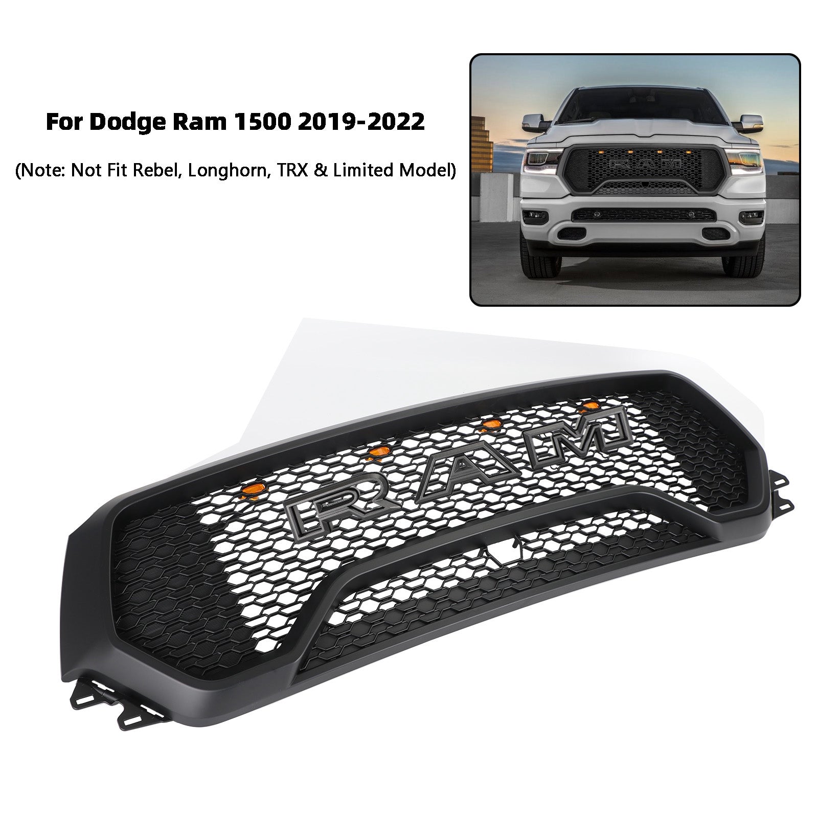 Grille de capot supérieure avant en nid d'abeille à LED de style Dodge Ram 1500 TRX 2019-2022