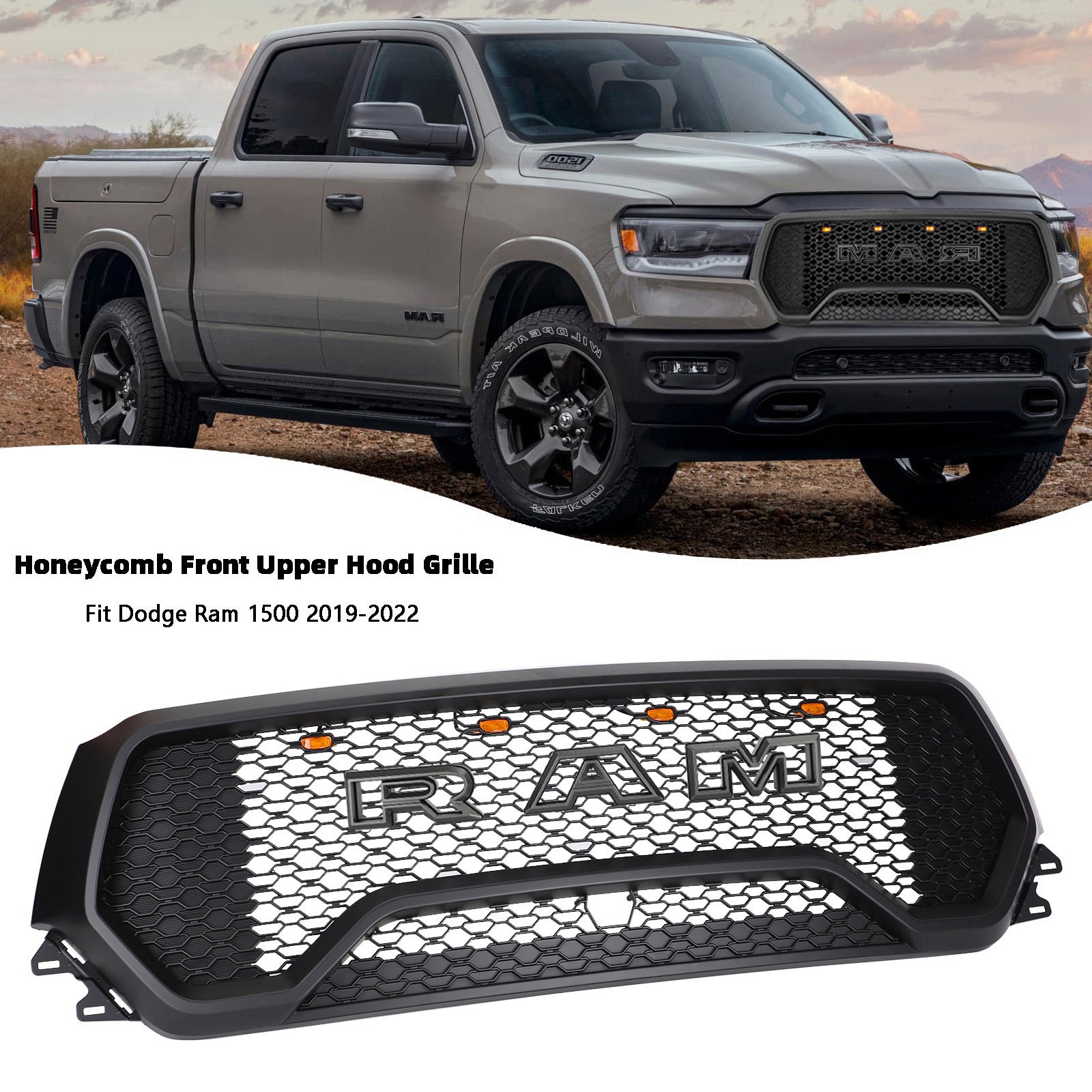 Grille de capot supérieure avant en nid d'abeille à LED de style Dodge Ram 1500 TRX 2019-2022