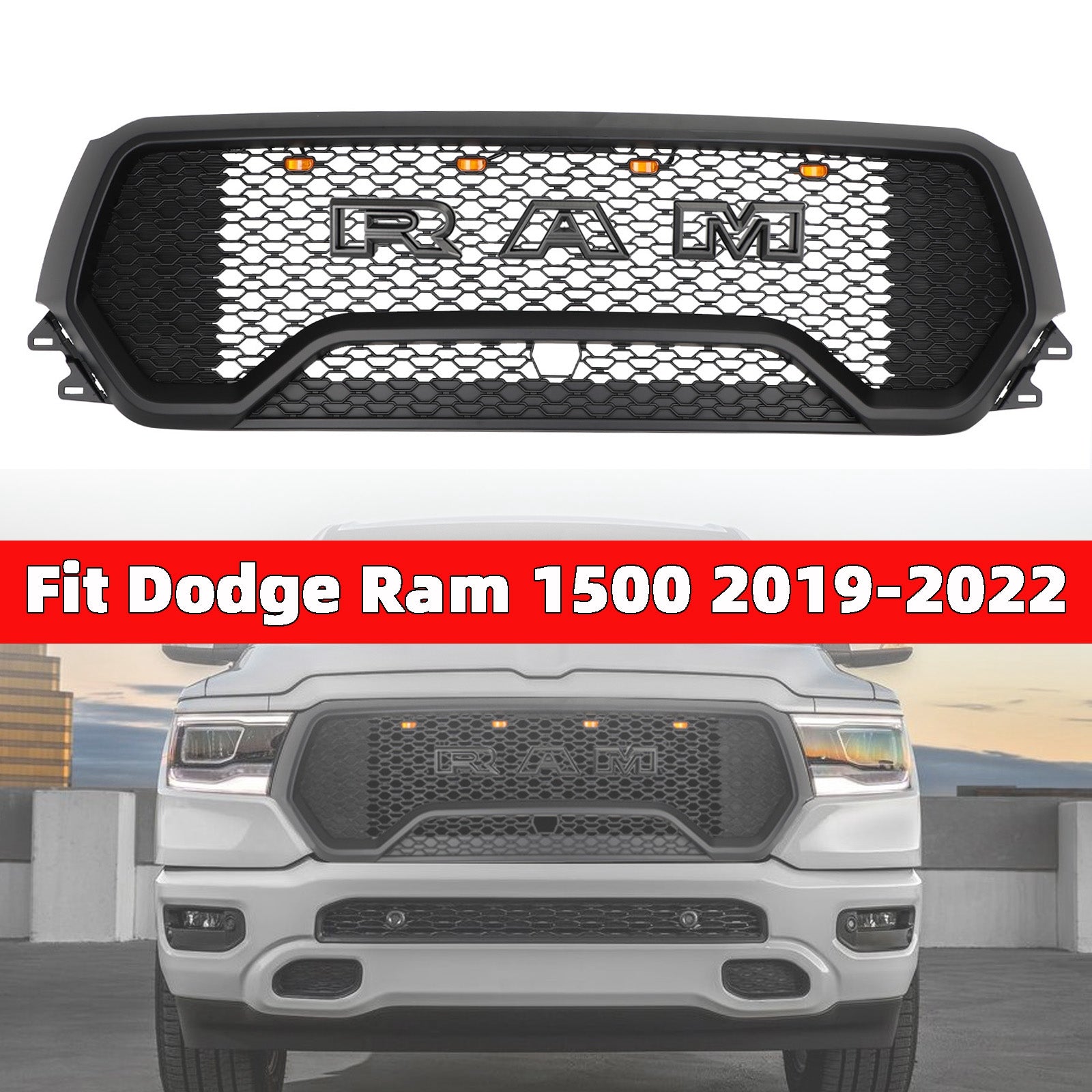 Grille de capot supérieure avant en nid d'abeille à LED de style Dodge Ram 1500 TRX 2019-2022