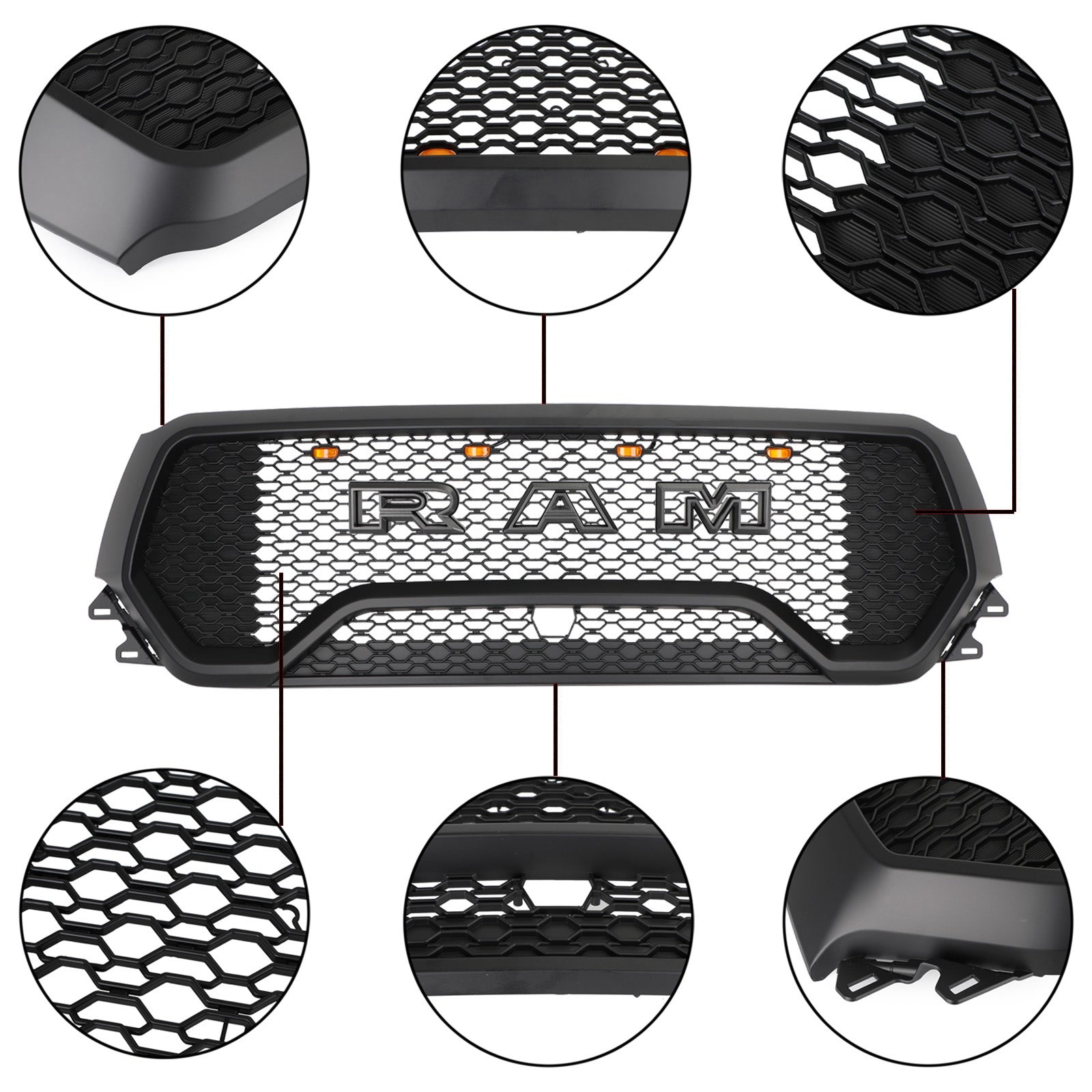 Grille de capot supérieure avant en nid d'abeille à LED de style Dodge Ram 1500 TRX 2019-2022