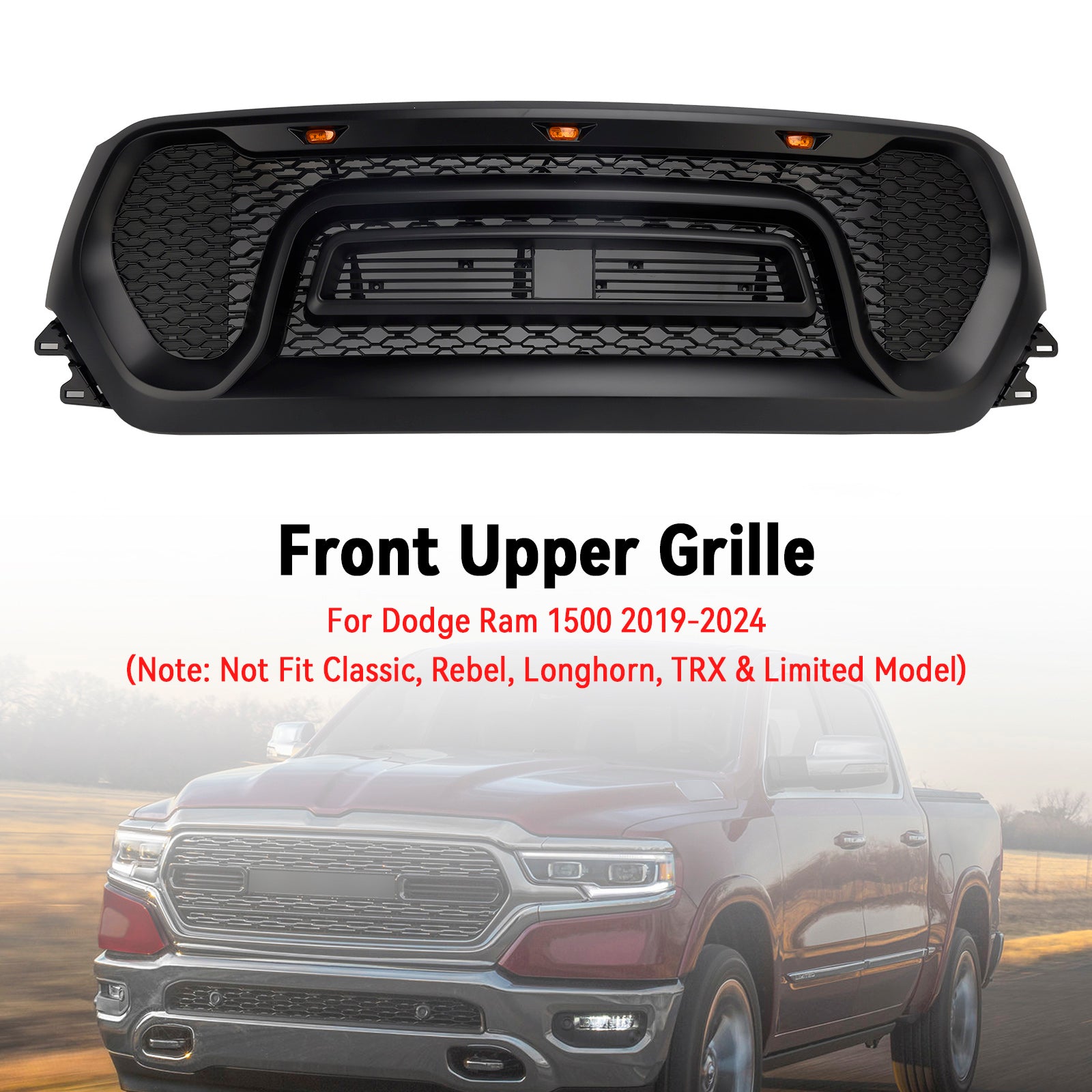 2019-2024 Dodge Ram 1500 Grille de calandre supérieure en nid d'abeille avant noire