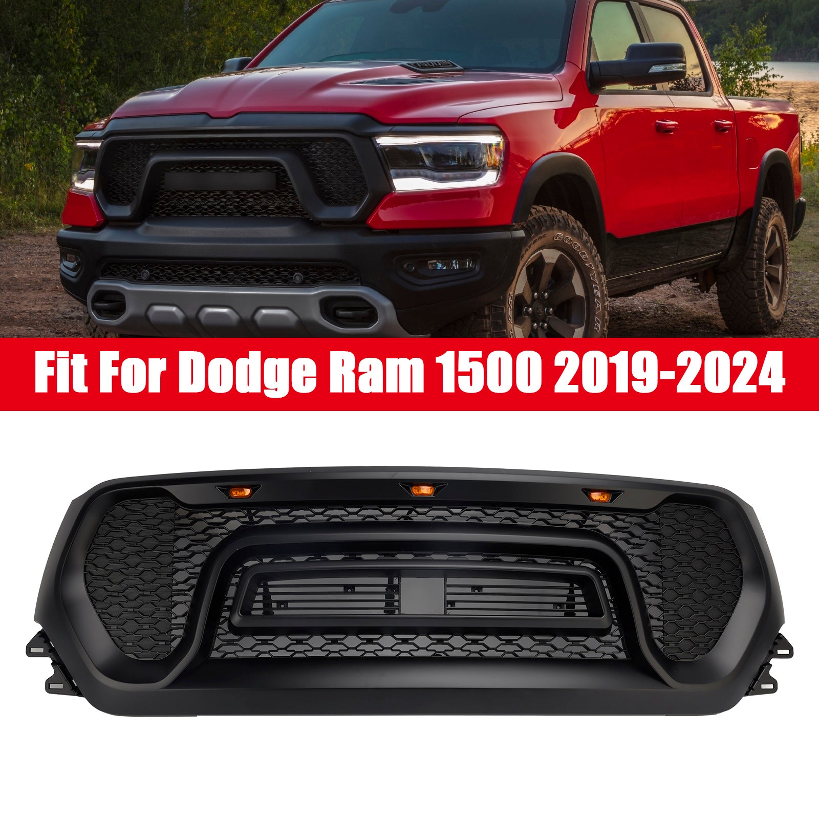 2019-2024 Dodge Ram 1500 Black Front Honeycomb Upper Hood Grille Grill