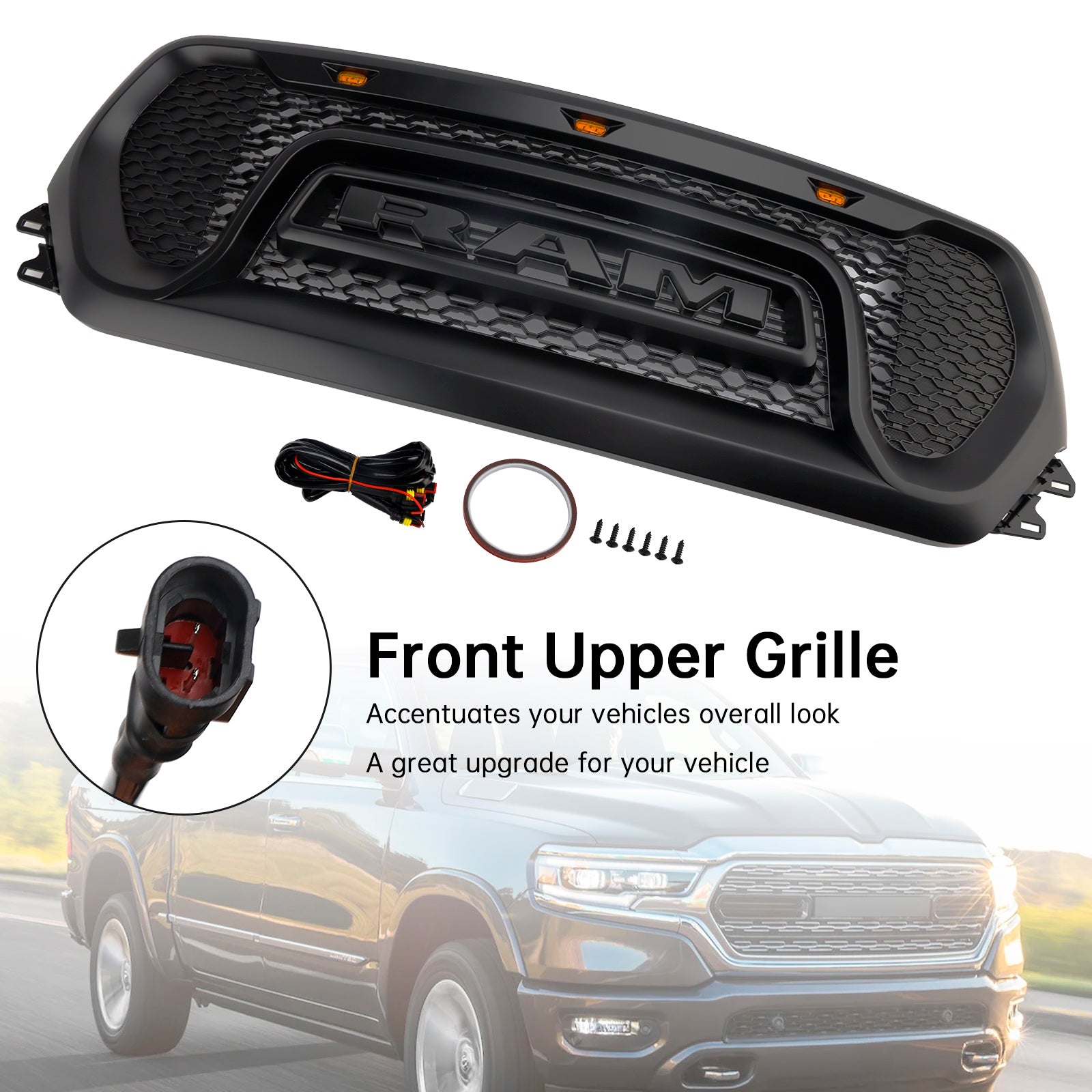 2019-2024 Dodge Ram 1500 Black Front Honeycomb Upper Hood Grille Grill