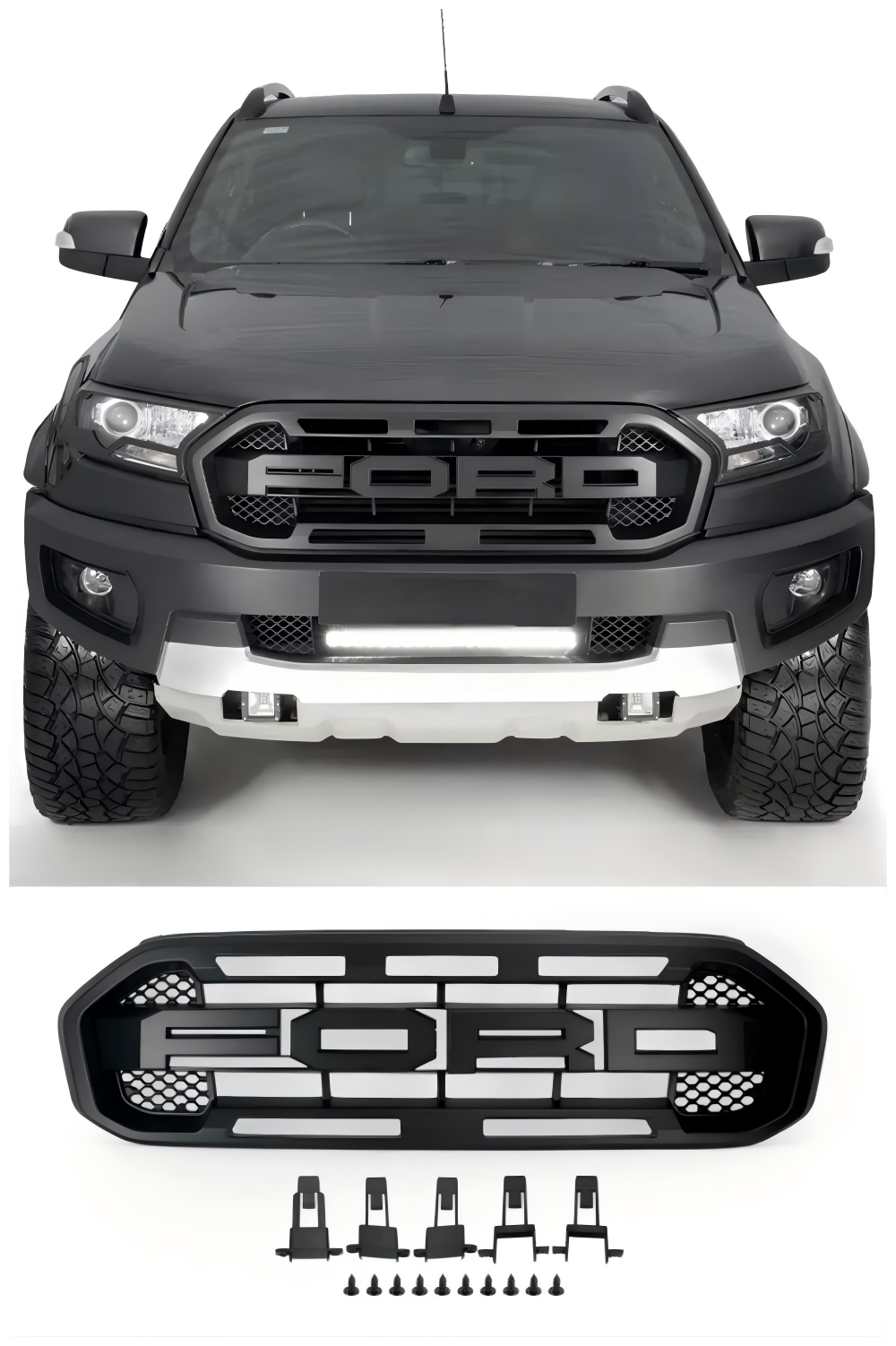 Parrilla superior 2019-2023 (con letras) Parrilla de parachoques delantero estilo Raptor compatible con Ford Ranger negro
