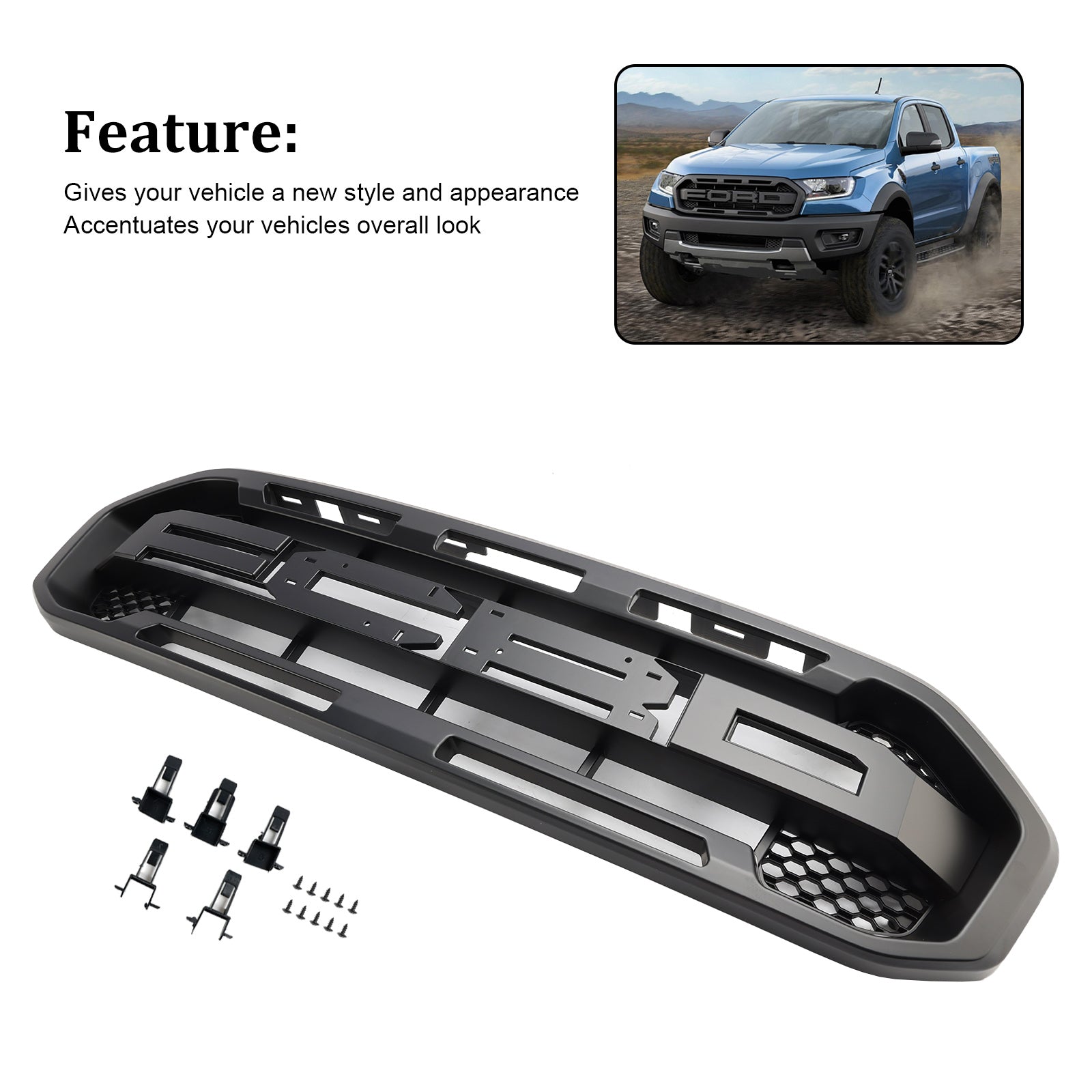 Parrilla superior 2019-2023 (con letras) Parrilla de parachoques delantero estilo Raptor compatible con Ford Ranger negro