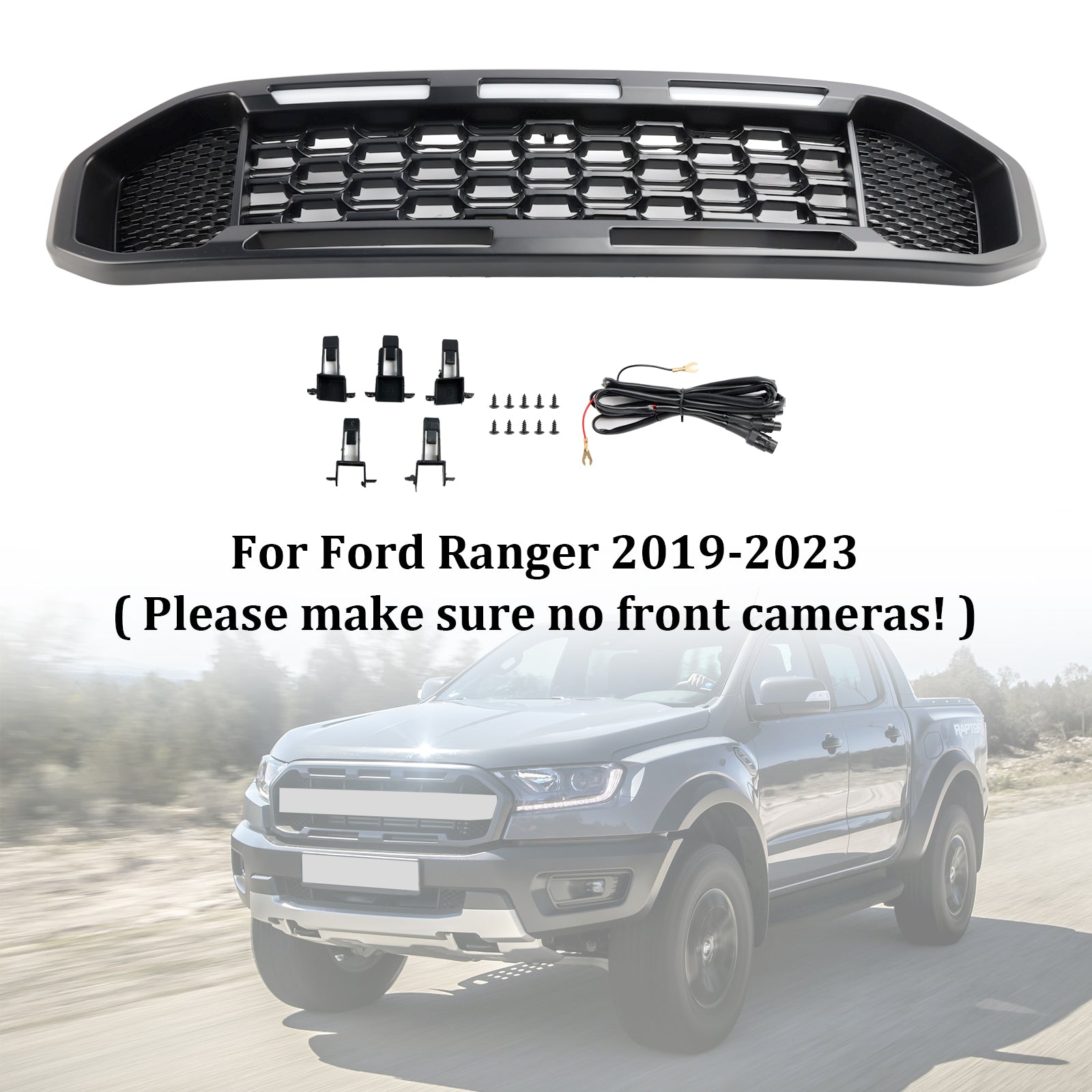 2019-2023 Ford Ranger T8 Black Front Bumper Grill Grille W/LED Light