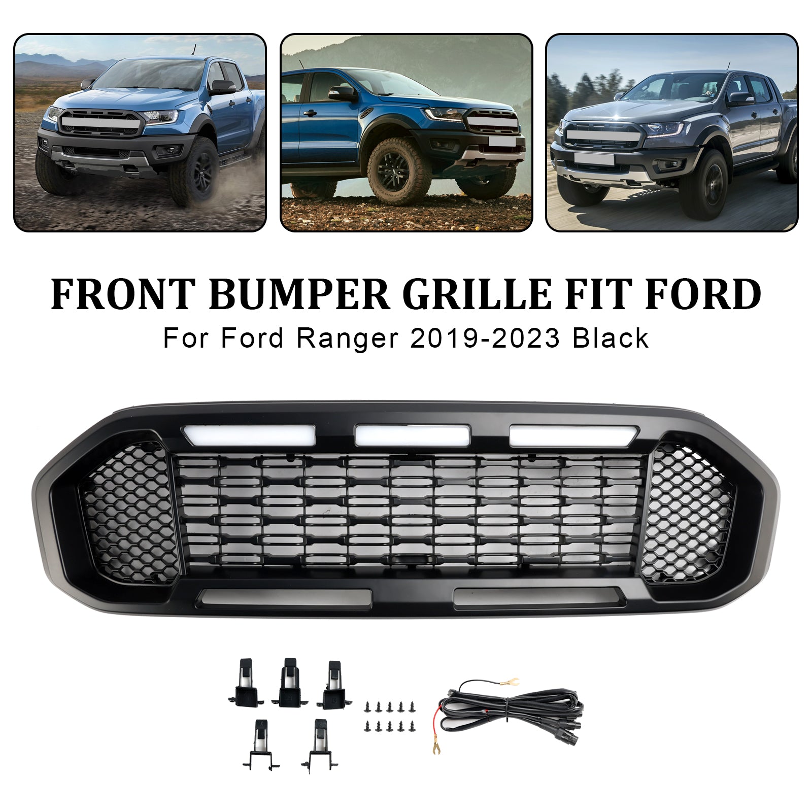2019-2023 Ford Ranger T8 Black Front Bumper Grill Grille W/LED Light