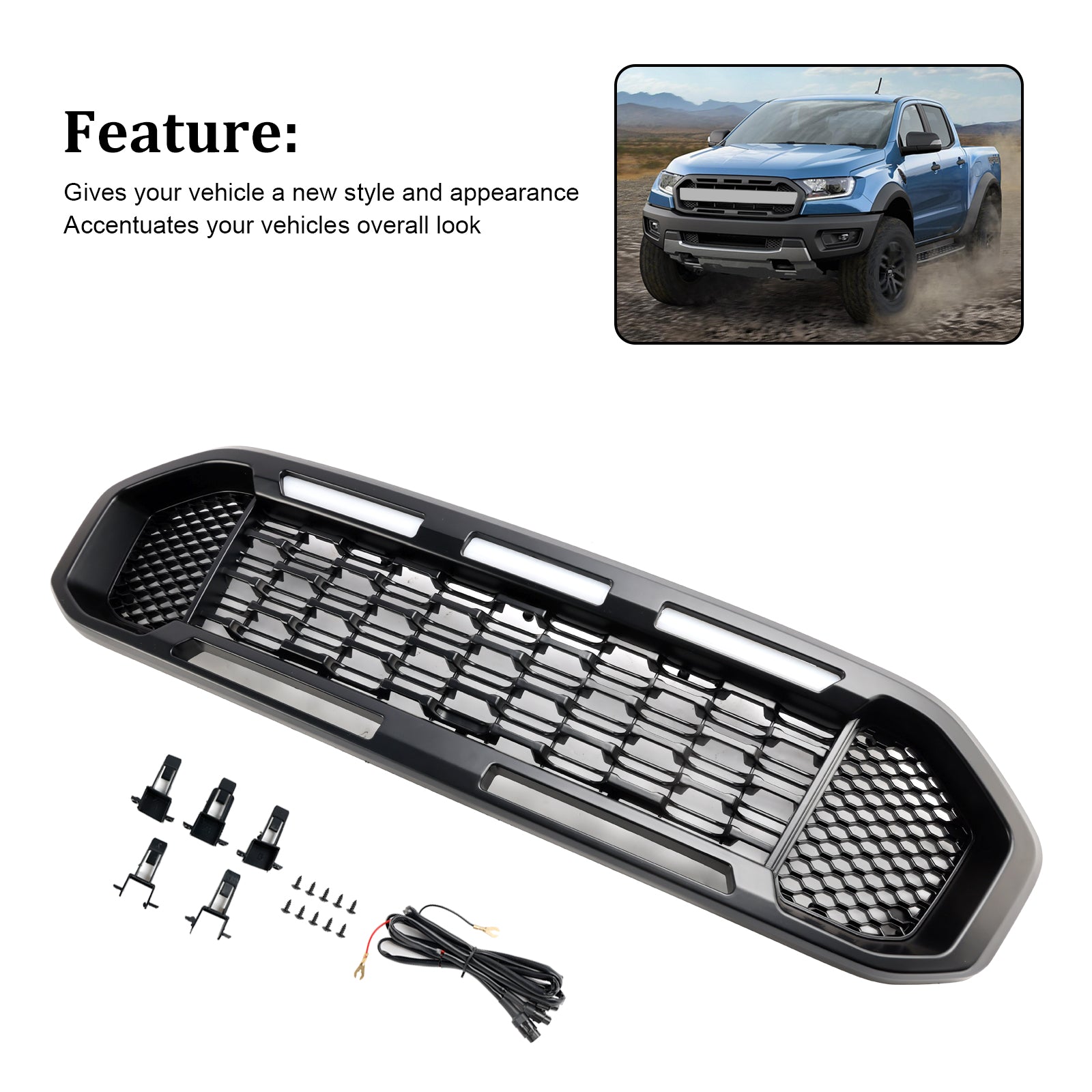 2019-2023 Ford Ranger T8 Black Front Bumper Grill Grille W/LED Light