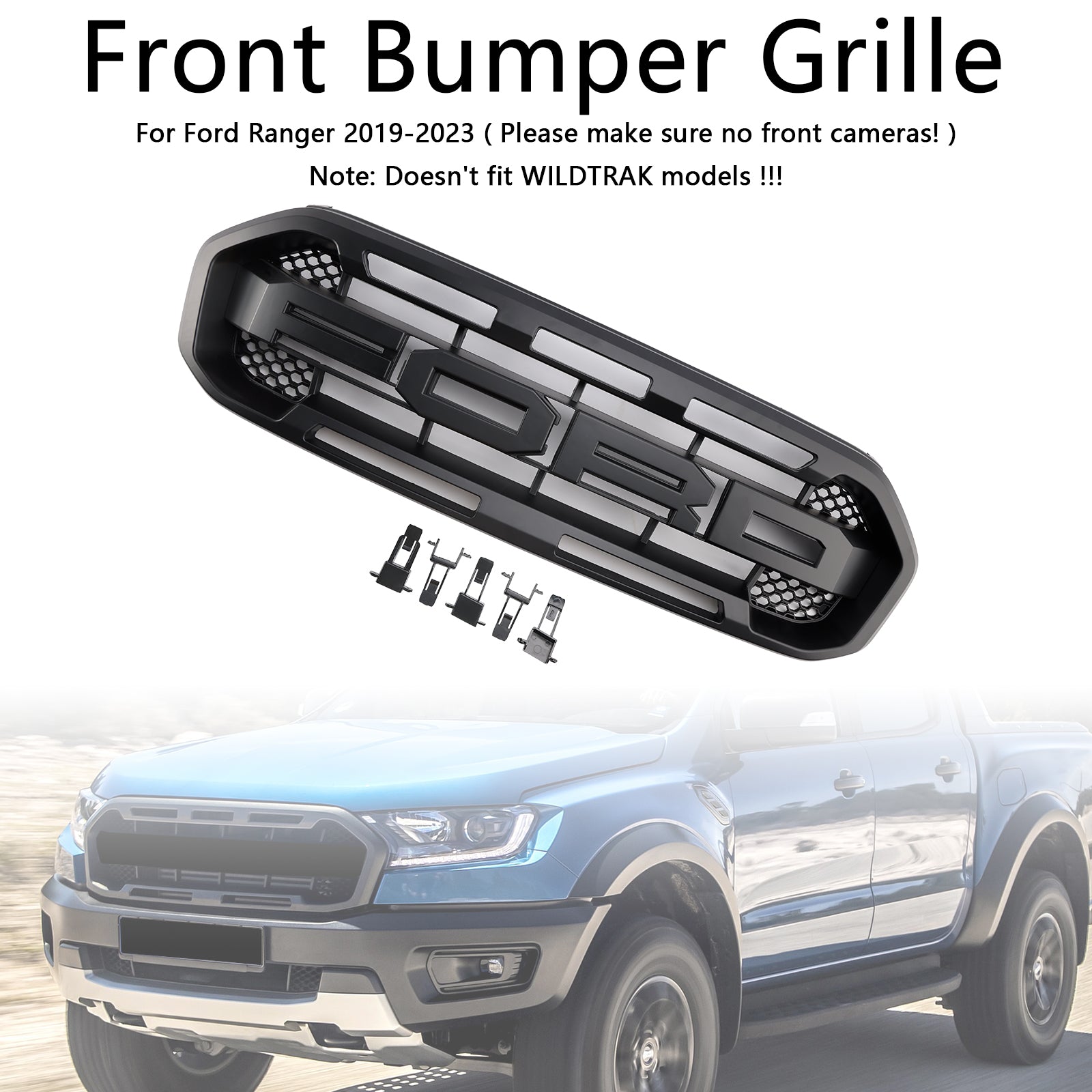Raptor Style Front Challed Grille Grill Fit Ford Ranger 2019-2023 Black
